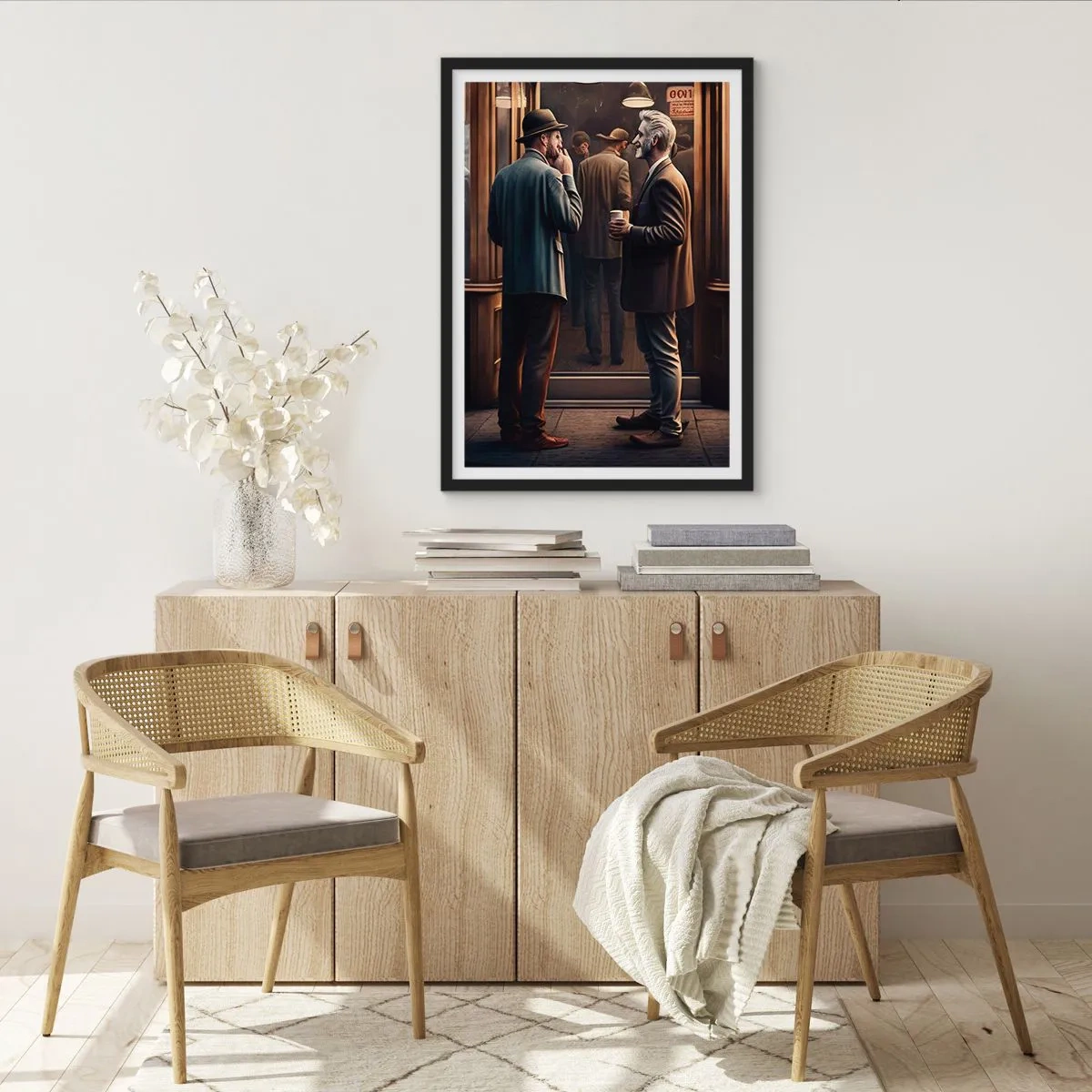 Poster in black frame - Two elegant men talking in front of a cafe - 50x70cm - Good Time of the Day - Modern wall decoration for the living room and bedroom ARTTOR