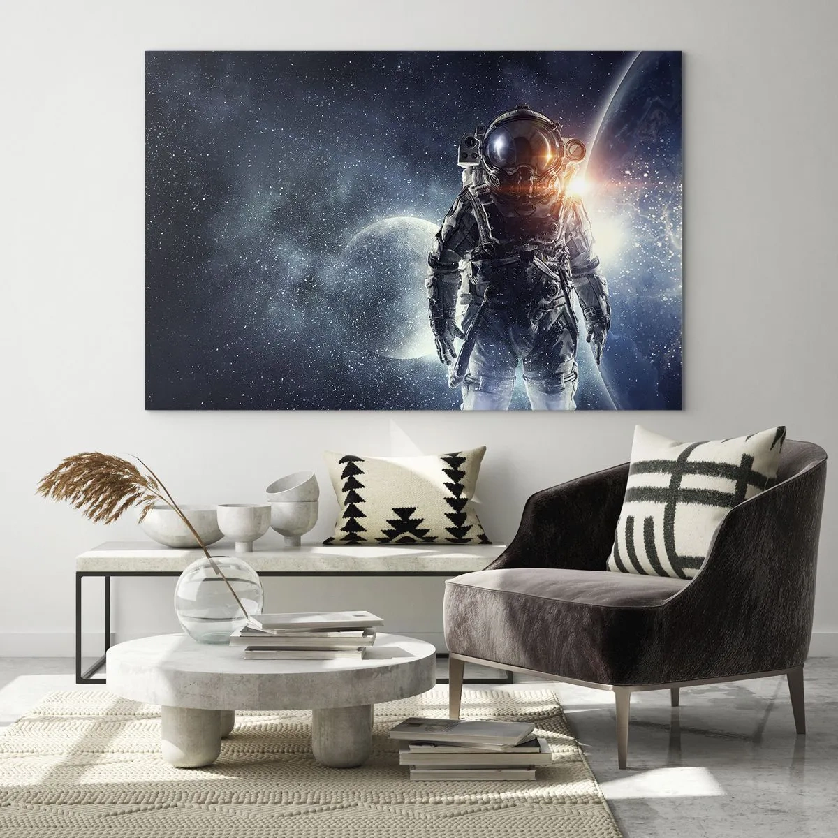 Glass picture - Astronaut against the backdrop of planets and stars - 70x50cm - Space Adventure - Modern wall decoration for the living room and bedroom ARTTOR