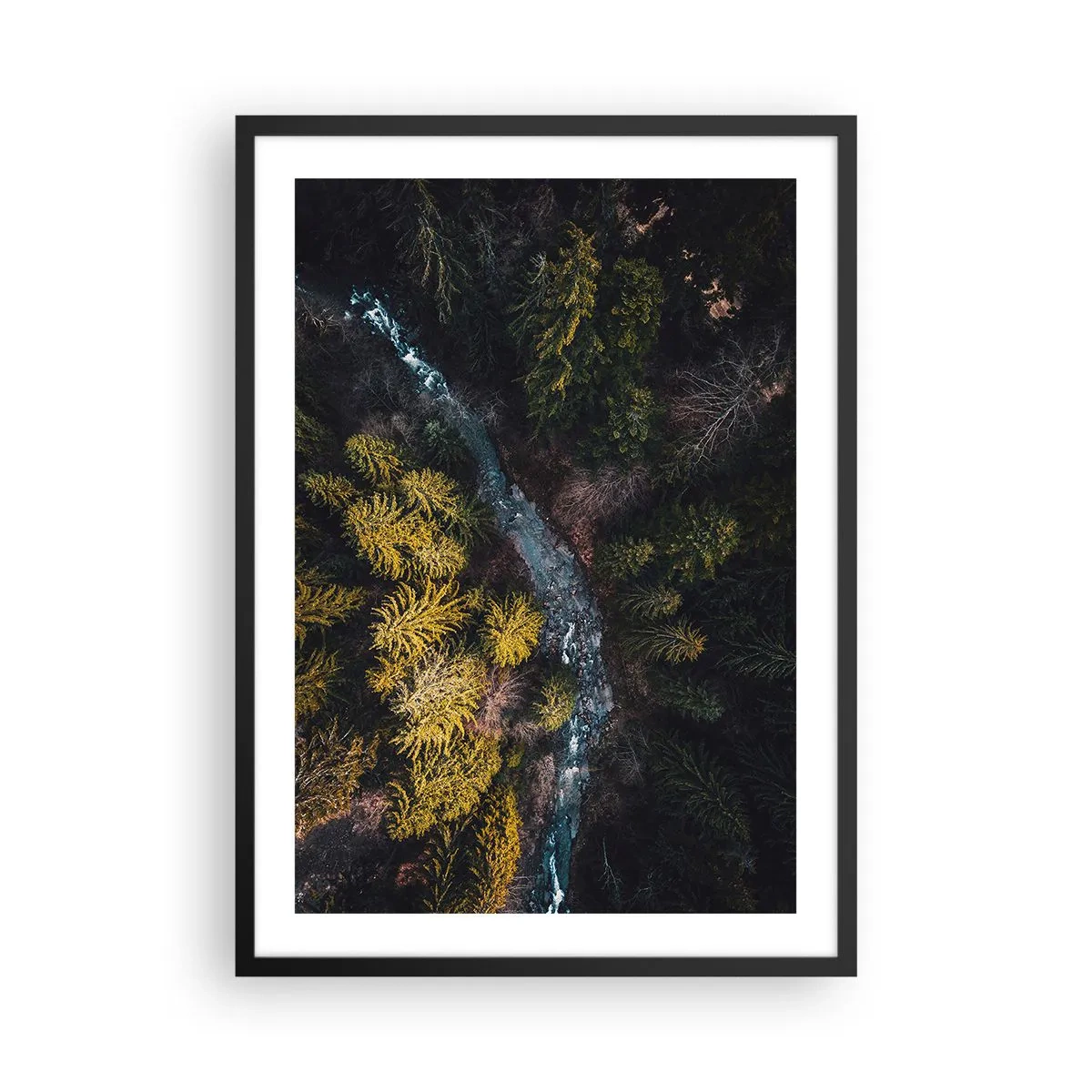 Poster in black frame - A bird's eye view of a forest stream - 50x70cm - Fast and Faster - Modern wall decoration for the living room and bedroom ARTTOR