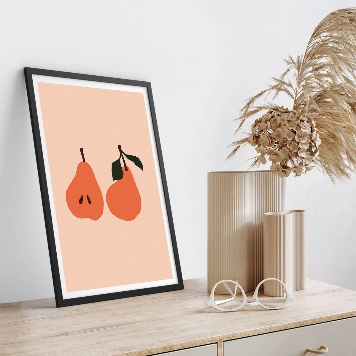 Poster in black frame - A minimalist illustration of two pears on a beige background. - 50x70cm - Overly Sweet - Modern wall decoration for the living room and bedroom ARTTOR