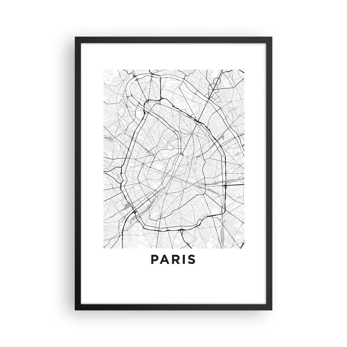 Poster in black frame - map of Paris in a minimalist black and white style. - 50x70cm - Flower of Paris - Modern wall decoration for the living room and bedroom ARTTOR