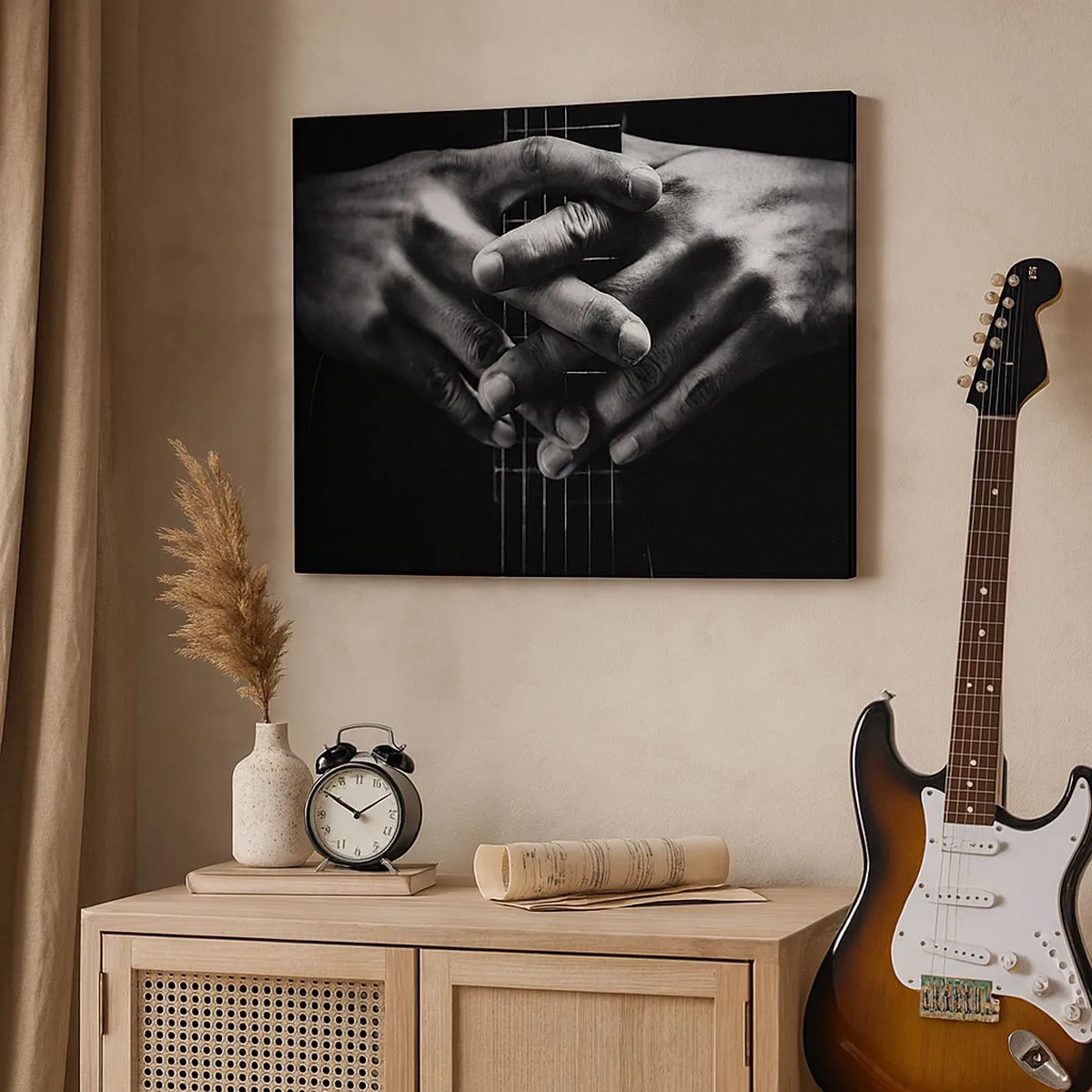 Canvas picture - Hands clasped on a guitar in a monochromatic tone - 70x50cm - Artist's Prayer - Modern wall decoration for the living room and bedroom ARTTOR