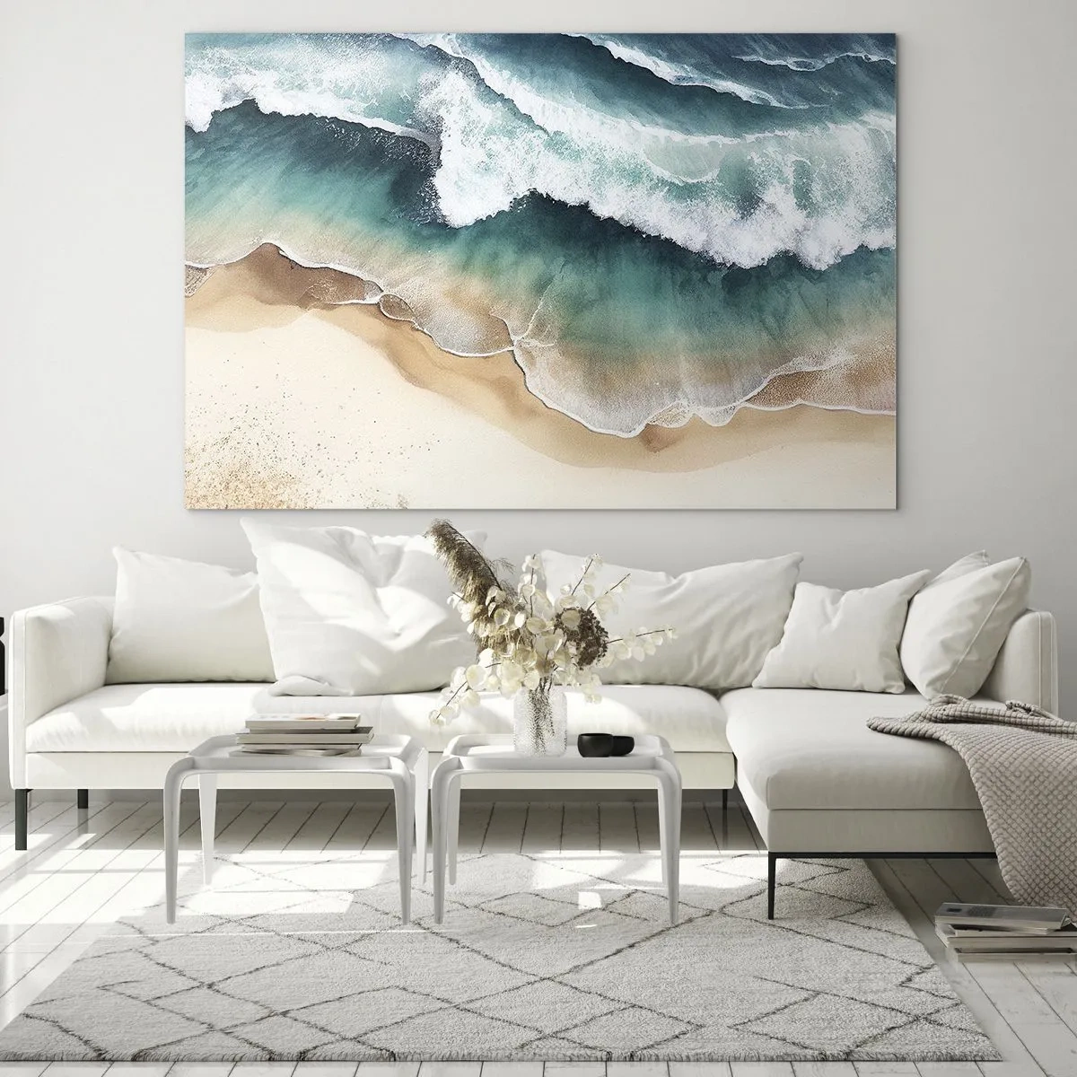 Glass picture - Ocean waves crashing onto a golden, sandy beach - 70x50cm - Eternal Encounter - Modern wall decoration for the living room and bedroom ARTTOR