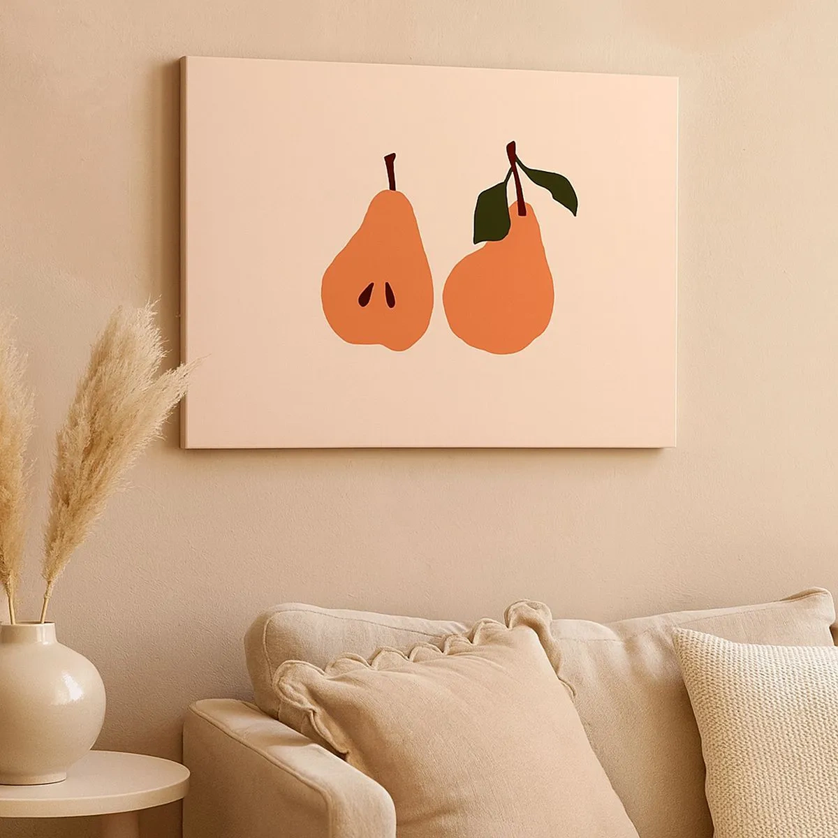 Canvas picture - A minimalist illustration of two pears on a beige background. - 70x50cm - Overly Sweet - Modern wall decoration for the living room and bedroom ARTTOR