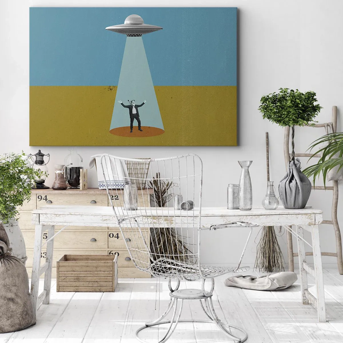 Canvas picture - A man in the light of a UFO against the background of a colorful landscape - 70x50cm - Close Encounter - Modern wall decoration for the living room and bedroom ARTTOR