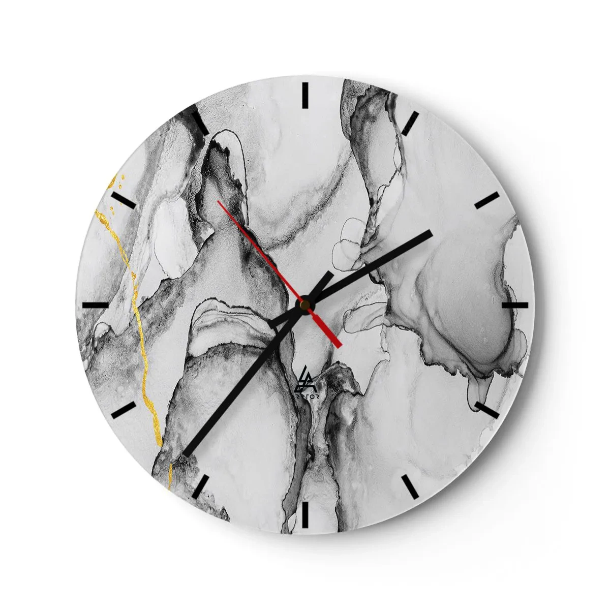 Wall clock - Clock on glass - An abstract composition in shades of gray with a touch of gold. - 30x30cm - Composition with a Golden Motif - Modern wall decoration for the living room, kitchen, and bedroom ARTTOR