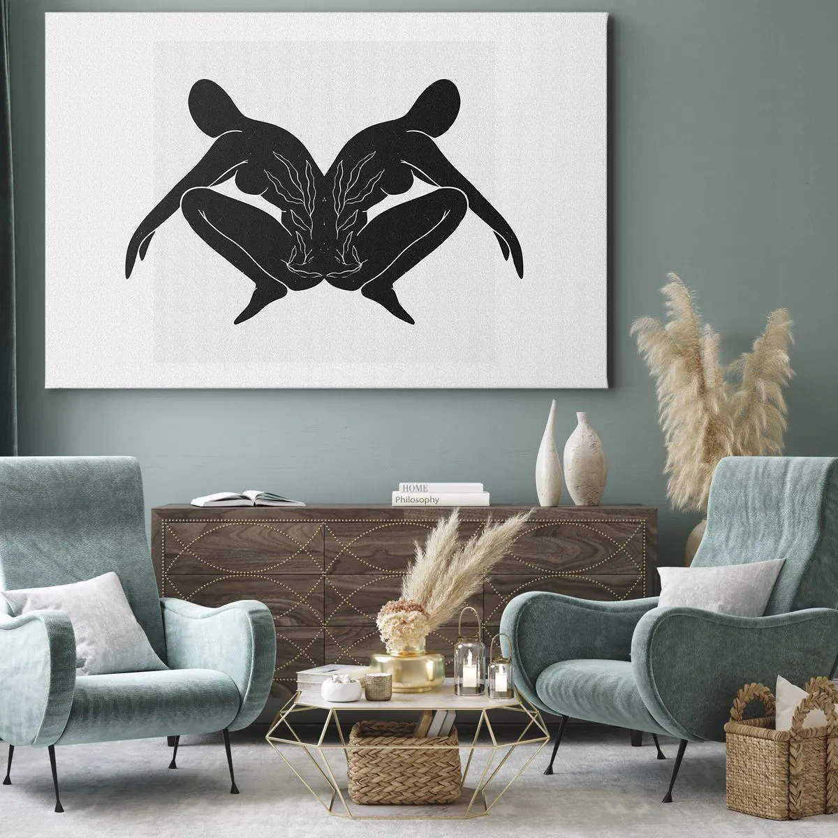 Canvas picture - Black silhouettes in a symmetrical position on a white background - 70x50cm - Mutual Soul - Modern wall decoration for the living room and bedroom ARTTOR