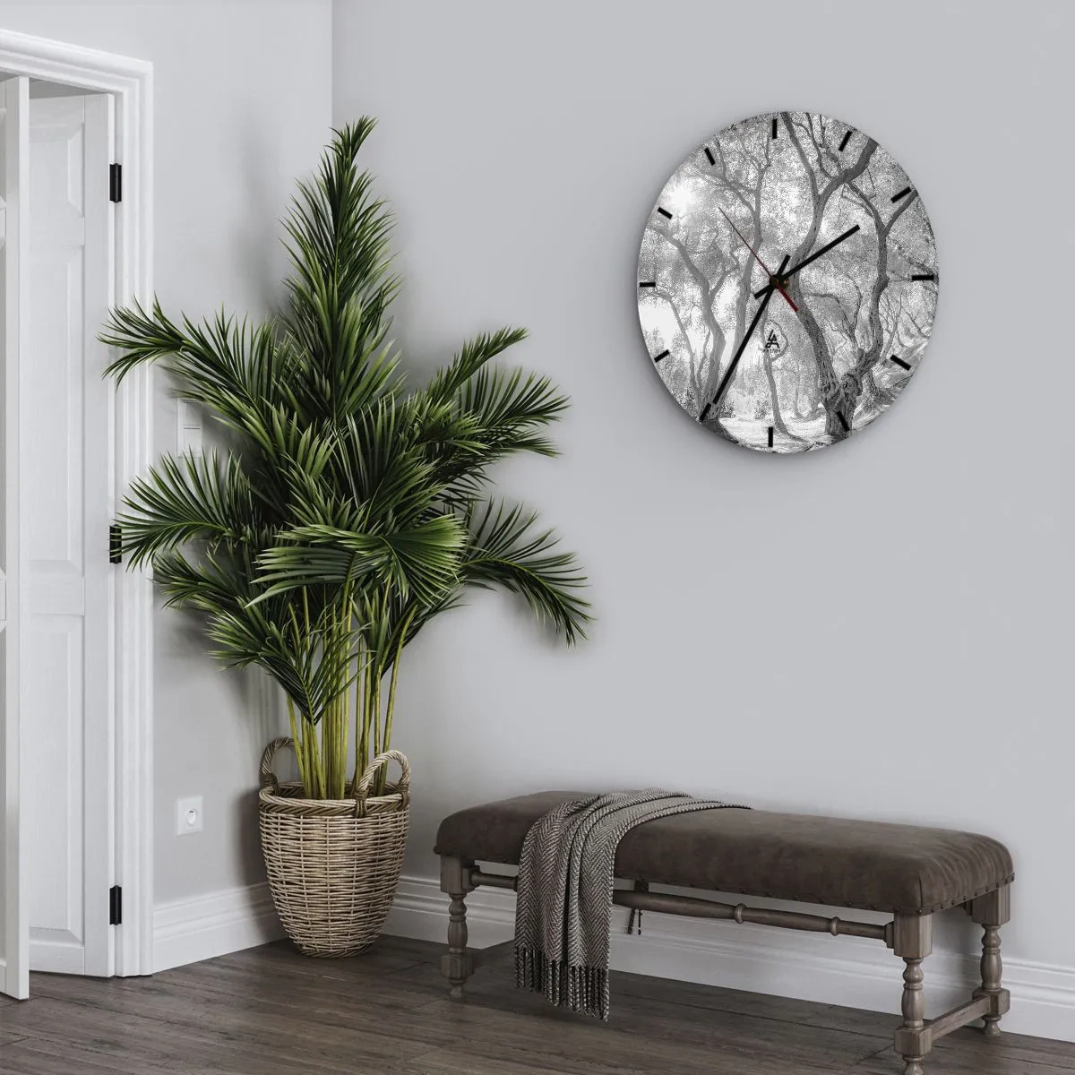 Wall clock - Clock on glass - Black and white trees in the sunlight in the forest - 30x30cm - In an Olive Grove - Modern wall decoration for the living room, kitchen, and bedroom ARTTOR