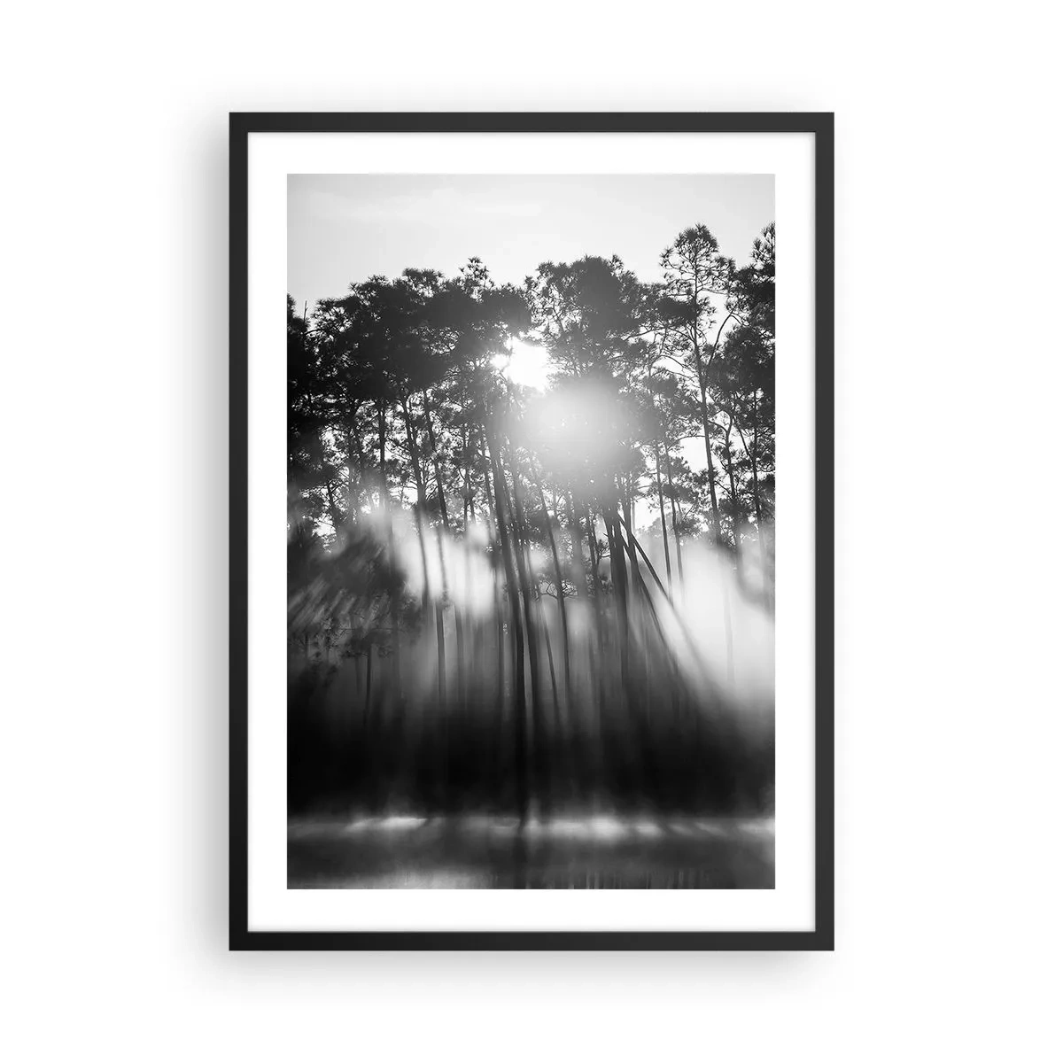 Poster in black frame - Black and white forest scene with sun rays in the fog - 50x70cm - Unstoppable Sun - Modern wall decoration for the living room and bedroom ARTTOR