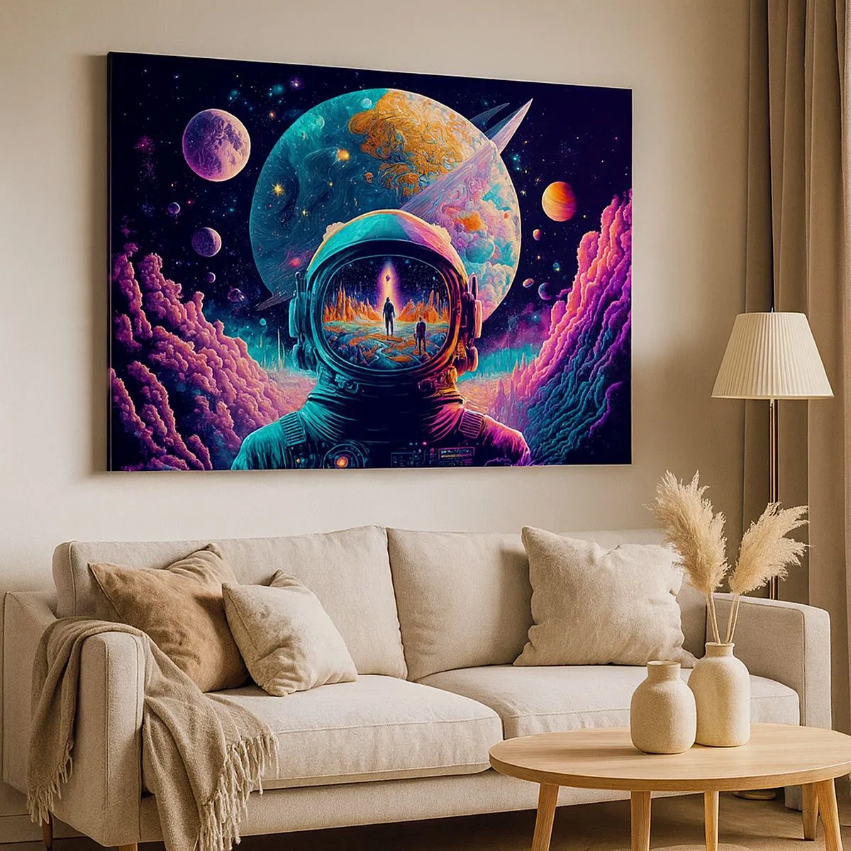 Canvas picture - Astronaut in space with a colorful planetary landscape - 70x50cm - Philosophers Didn't Imagine This - Modern wall decoration for the living room and bedroom ARTTOR