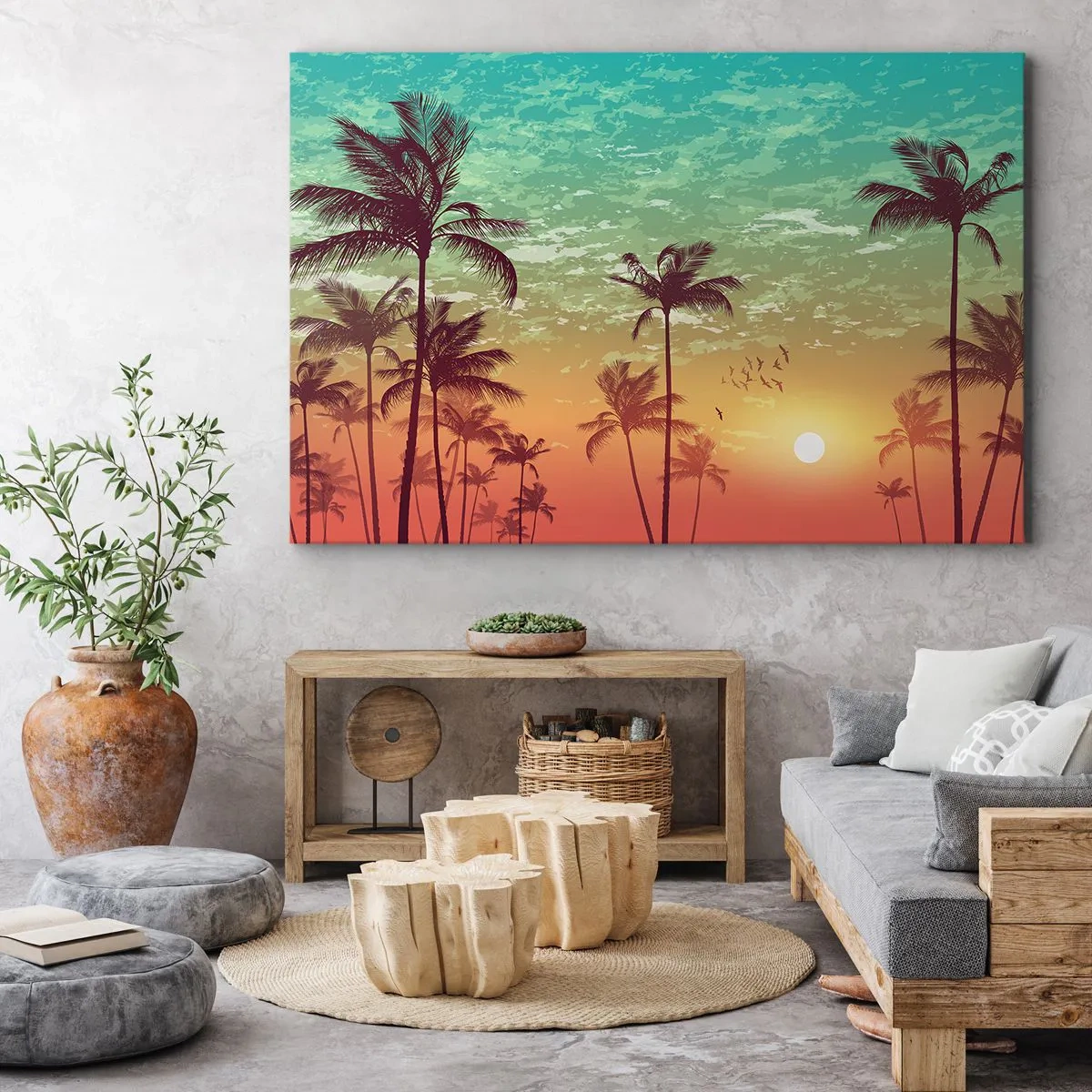 Canvas picture - Sunset with palm trees against a colorful sky - 70x50cm - Tropical Climate - Modern wall decoration for the living room and bedroom ARTTOR
