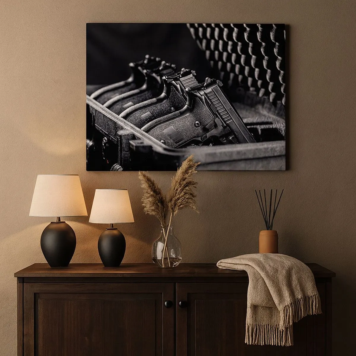 Canvas picture - A black and white image of a stack of guns in a suitcase. - 70x50cm - Male Sport - Modern wall decoration for the living room and bedroom ARTTOR