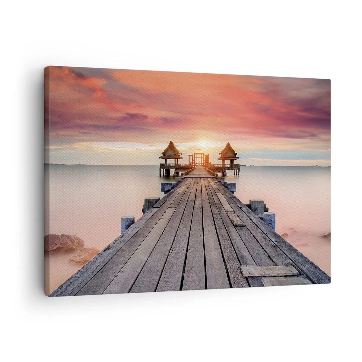 Canvas picture - Wooden pier leading to gazebos at sunset - 70x50cm - Sunset on the East - Modern wall decoration for the living room and bedroom ARTTOR