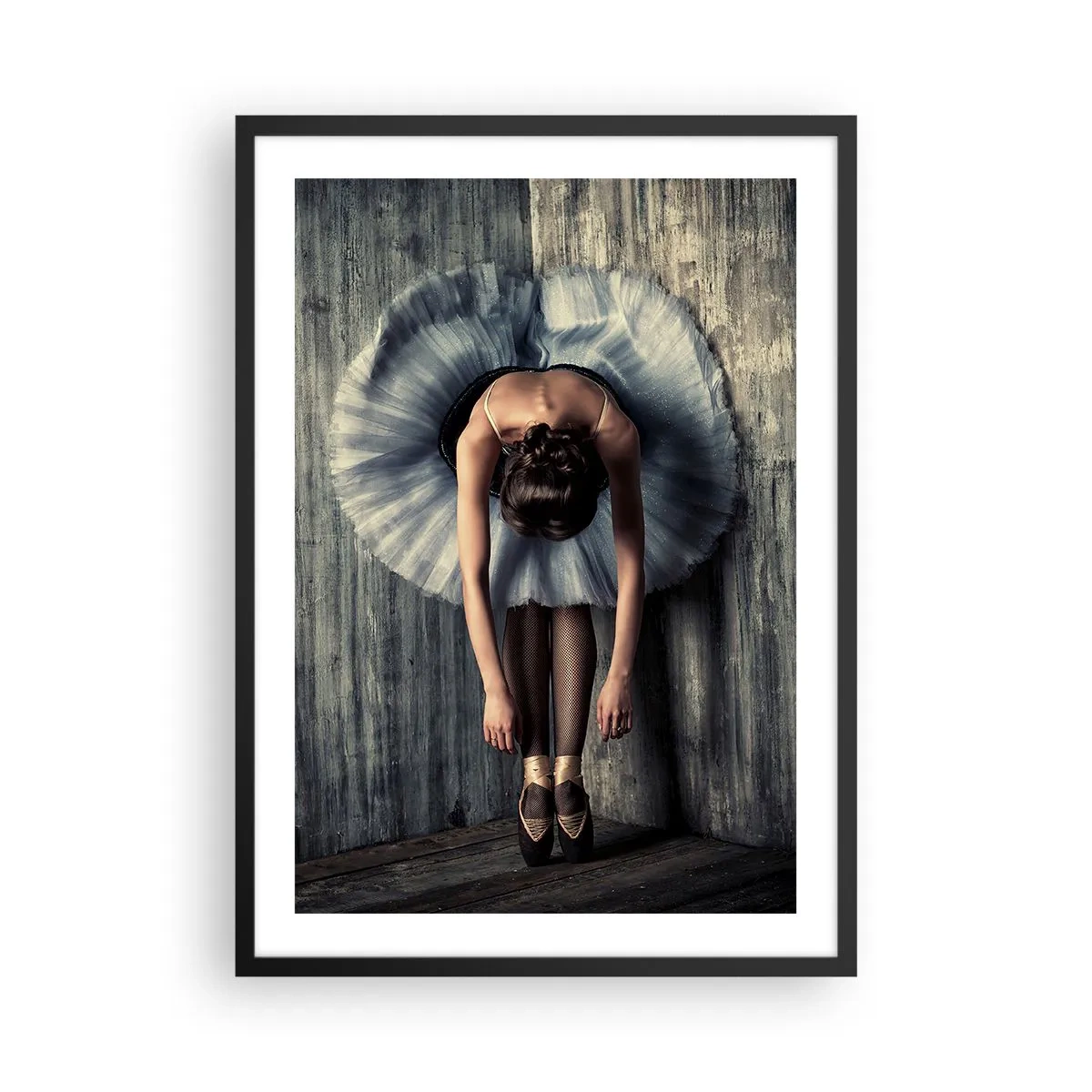 Poster in black frame - An elegant ballerina in a classic pose against a raw wall. - 50x70cm - When the Music Stops - Modern wall decoration for the living room and bedroom ARTTOR