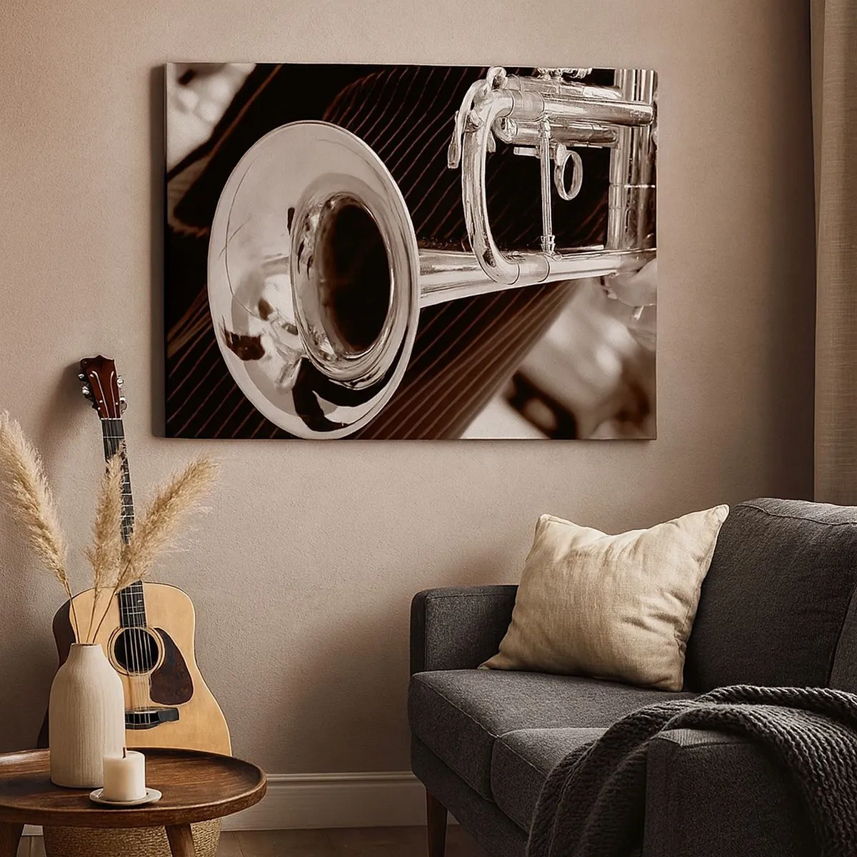 Canvas picture - A close-up of a silver trumpet against an elegant fabric background. - 70x50cm - Musical Journey to the 30-ies - Modern wall decoration for the living room and bedroom ARTTOR