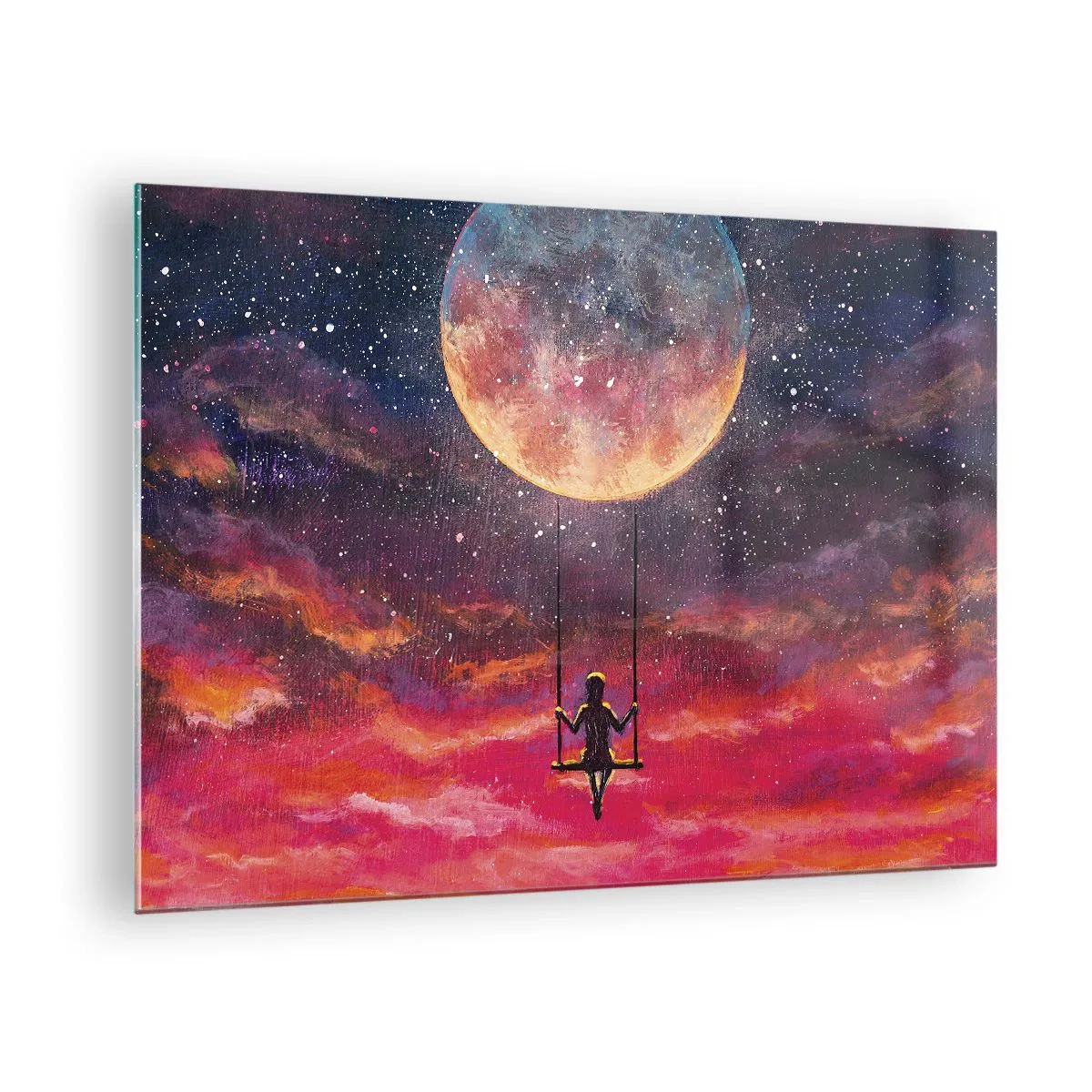 Glass picture - A girl on a swing suspended under the moon - 70x50cm - Swinging in the Clouds - Modern wall decoration for the living room and bedroom ARTTOR
