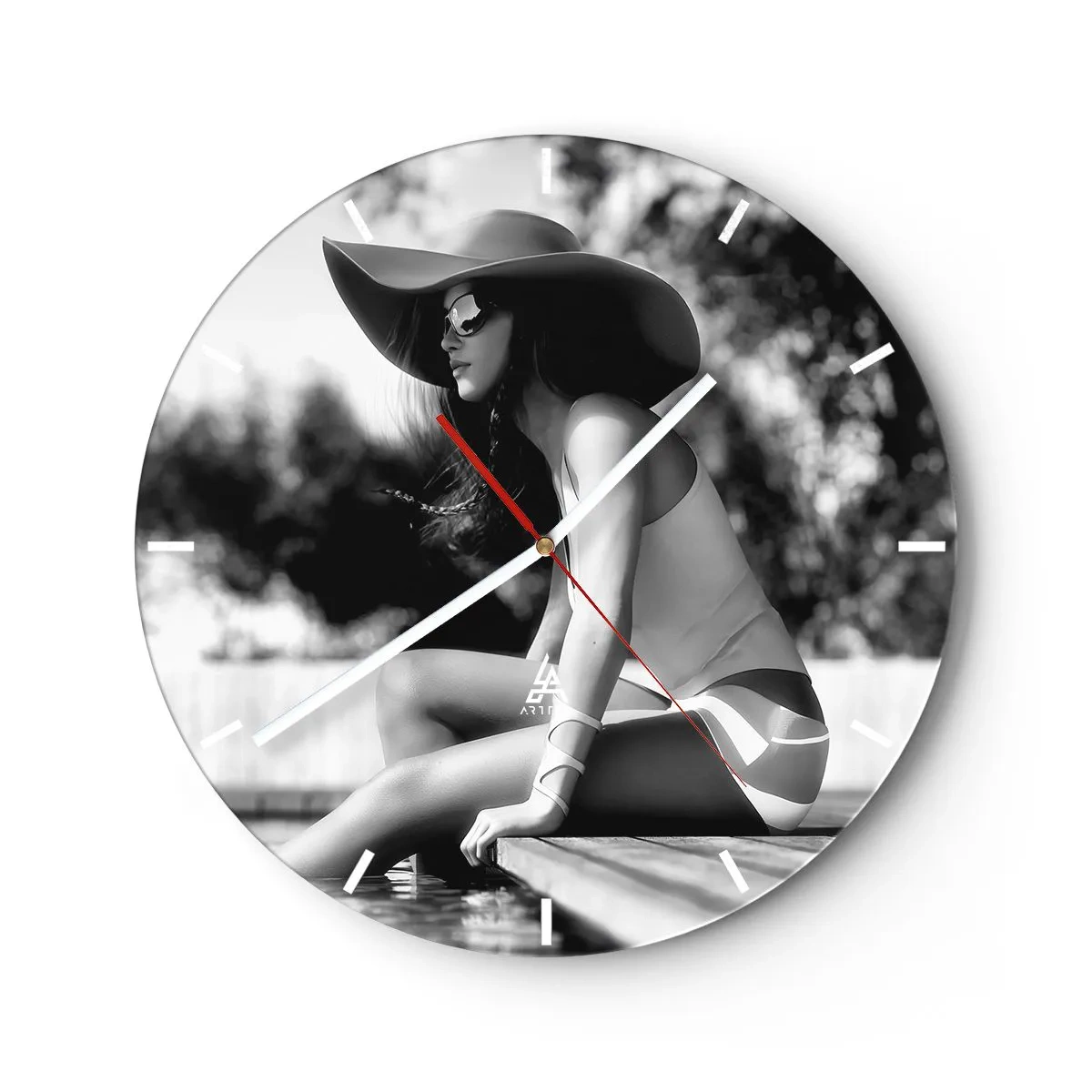 Wall clock - Clock on glass - Stylish woman portrait in a hat and sunglasses by the pool - 30x30cm - Summer Dream - Modern wall decoration for the living room, kitchen, and bedroom ARTTOR