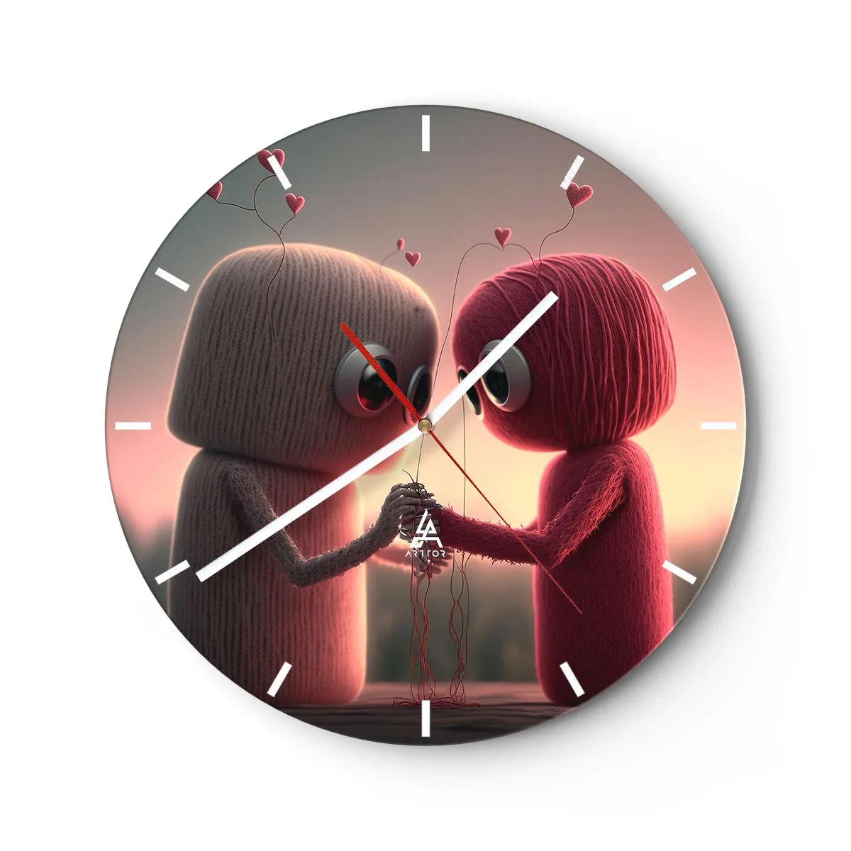 Wall clock - Clock on glass - Two woolen figures holding hands in the sunset - 30x30cm - Everyone Is Allowed to Love - Modern wall decoration for the living room, kitchen, and bedroom ARTTOR