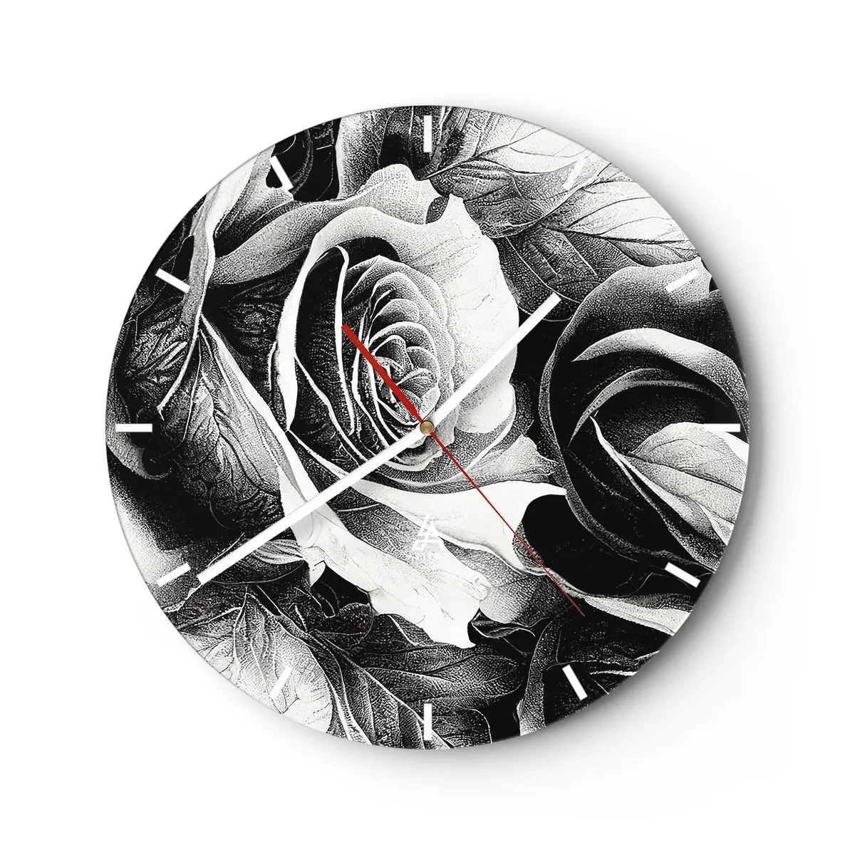 Wall clock - Clock on glass - Black and white rose artwork in a classic drawing style - 30x30cm - Always Queen - Modern wall decoration for the living room, kitchen, and bedroom ARTTOR