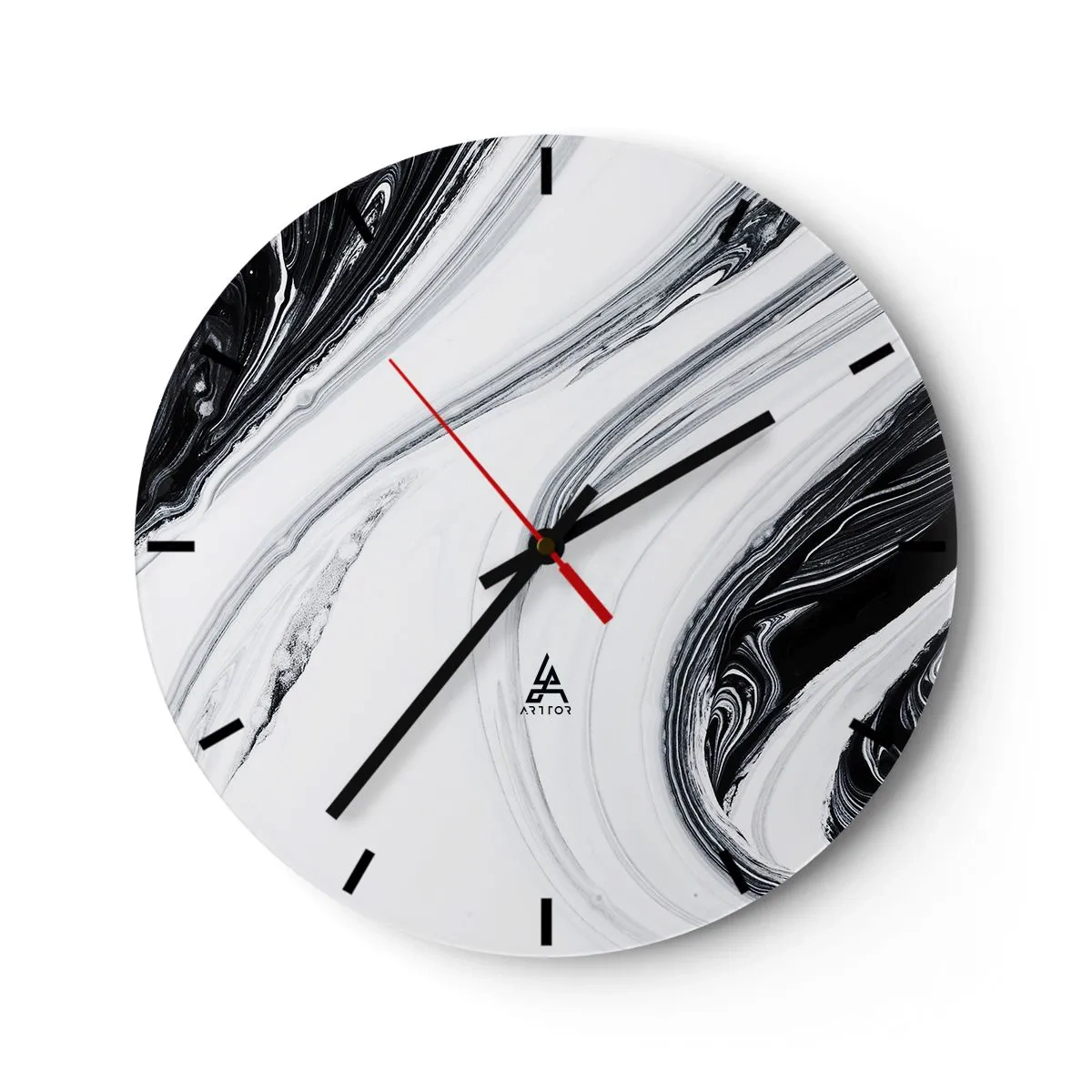 Wall clock - Clock on glass - Abstract black and white lines create a fluid, contrasting pattern. - 30x30cm - Connection of Opposites - Modern wall decoration for the living room, kitchen, and bedroom ARTTOR