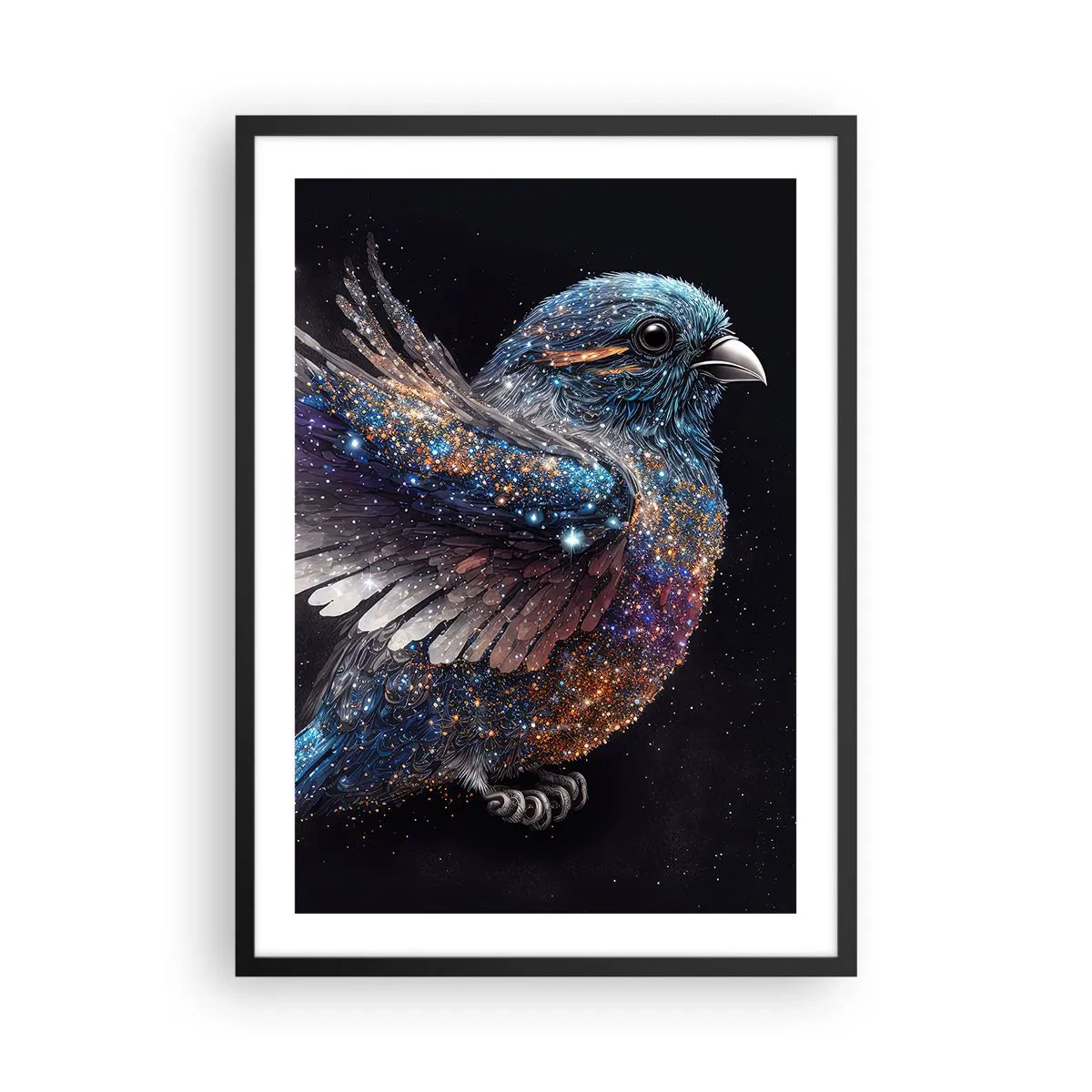 Poster in black frame - A space bird with star plumage on a black background - 50x70cm - Diamond Sparrow - Modern wall decoration for the living room and bedroom ARTTOR