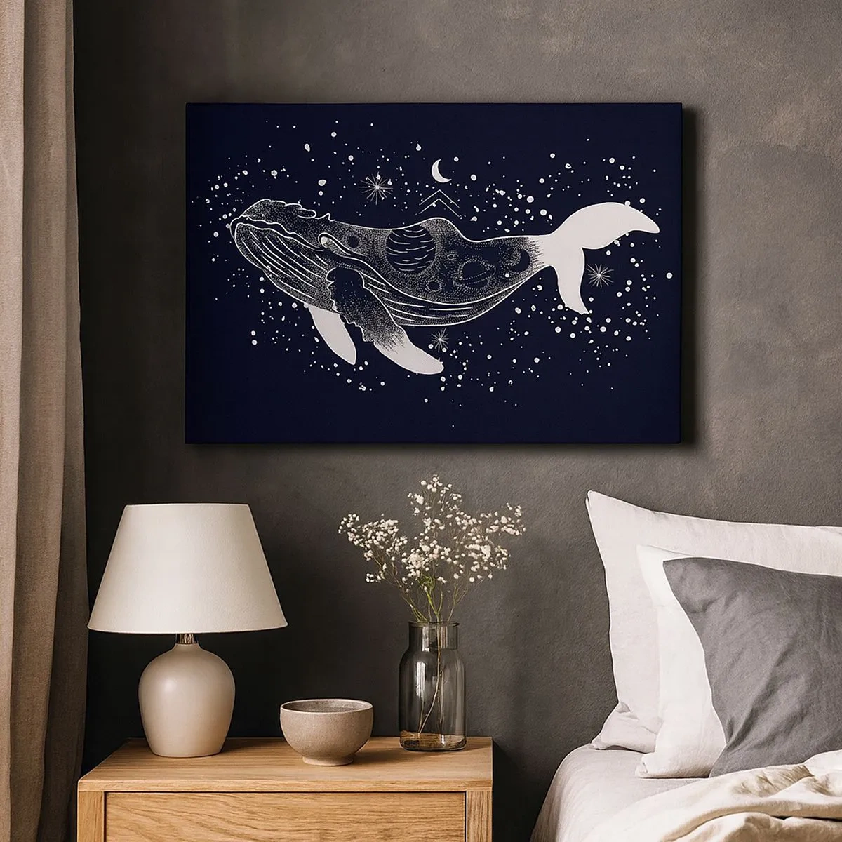 Canvas picture - A graphic illustration of a whale in a space-age style. - 70x50cm - In the Ocean of Universe - Modern wall decoration for the living room and bedroom ARTTOR