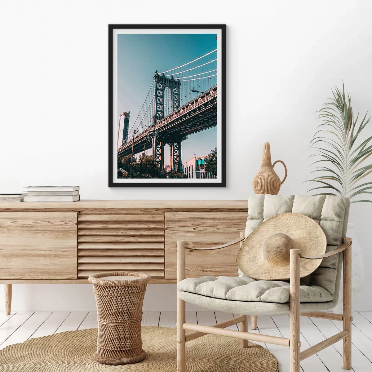 Poster in black frame - A suspension bridge in a modern city against a blue sky - 50x70cm - Over the City Waves - Modern wall decoration for the living room and bedroom ARTTOR