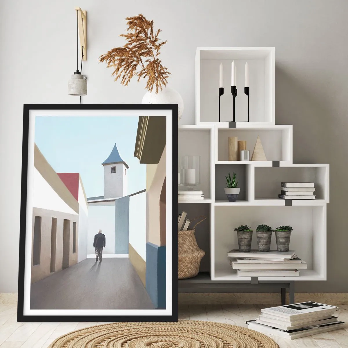 Poster in black frame - A minimalist street with a lonely passerby - 50x70cm - Sunny Walk - Modern wall decoration for the living room and bedroom ARTTOR