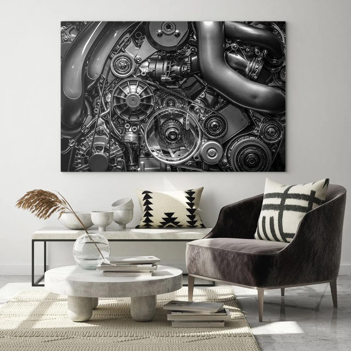 Glass picture - Detail of a black and white engine with visible mechanisms - 70x50cm - Poetry of Mechanics - Modern wall decoration for the living room and bedroom ARTTOR