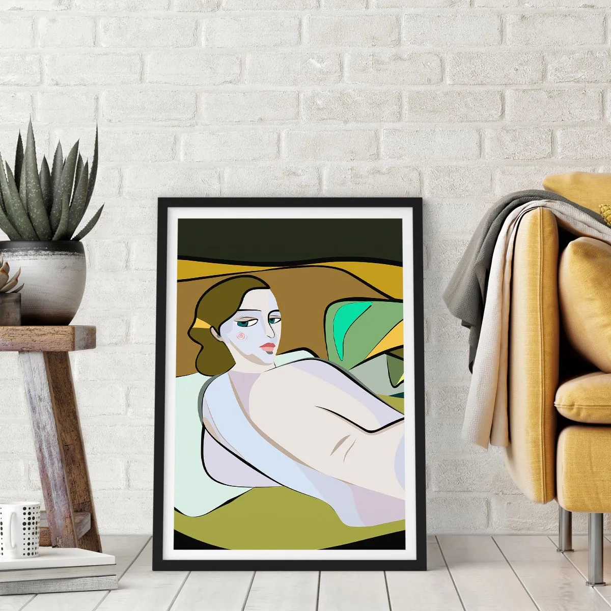 Poster in black frame - A woman in an abstract style against a green and brown background - 50x70cm - Intimate Portrait - Modern wall decoration for the living room and bedroom ARTTOR