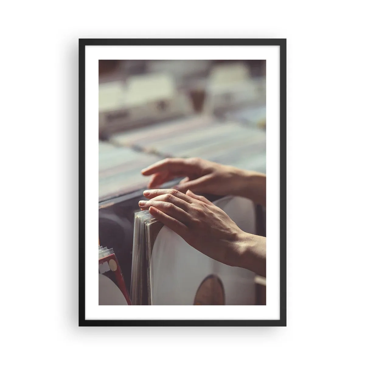 Poster in black frame - Hands browsing vinyl records in a music store - 50x70cm - In Search of Good Vibes - Modern wall decoration for the living room and bedroom ARTTOR