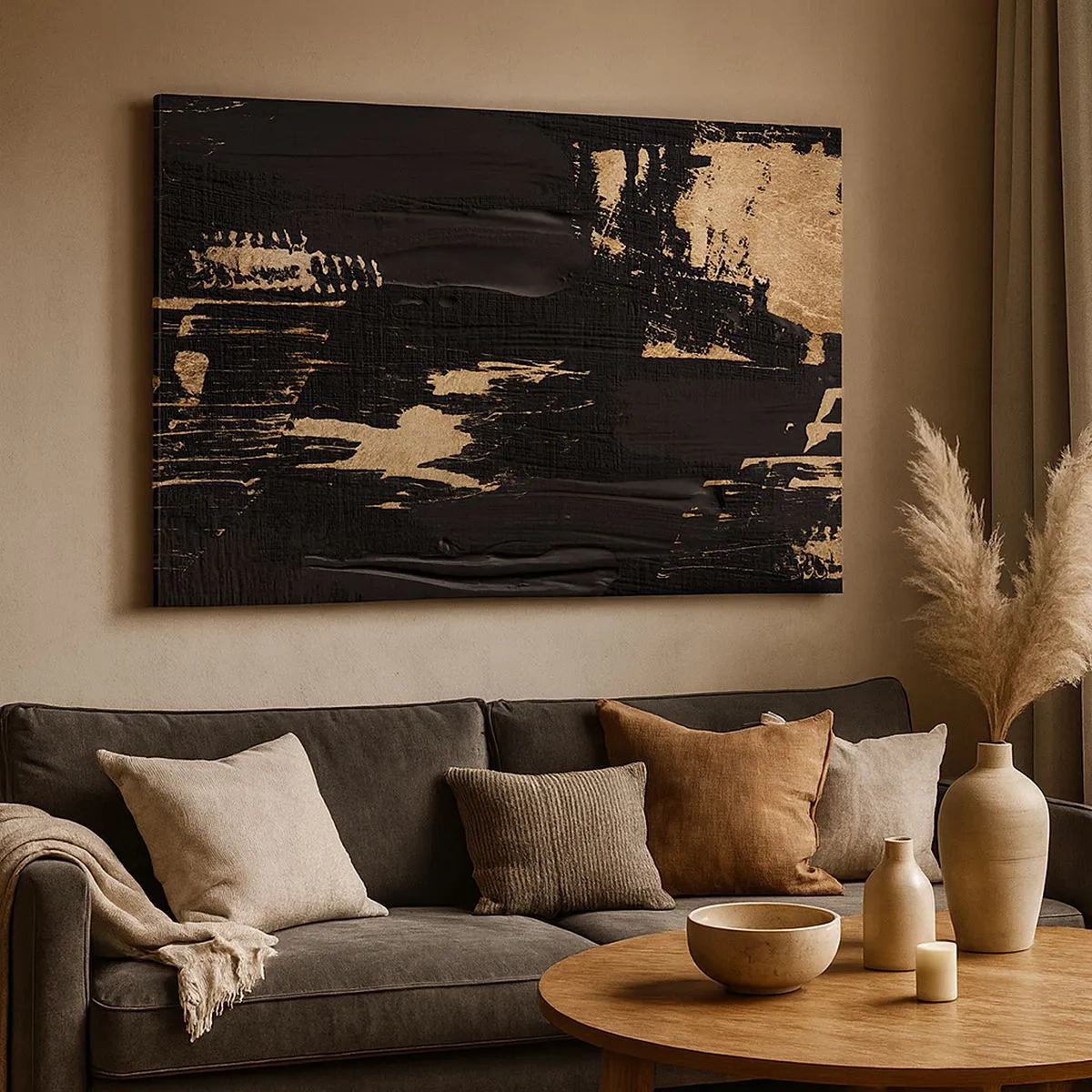 Canvas picture - Abstract composition in shades of black and gold - 70x50cm - Touch Mark - Modern wall decoration for the living room and bedroom ARTTOR