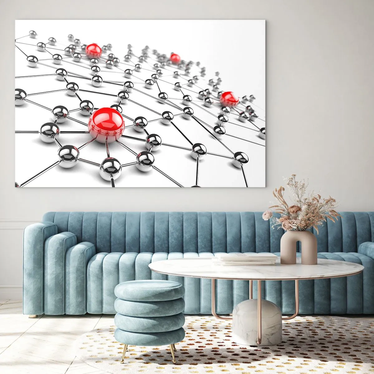 Glass picture - Silver molecular network with red accents - 70x50cm - Silver Net - Modern wall decoration for the living room and bedroom ARTTOR