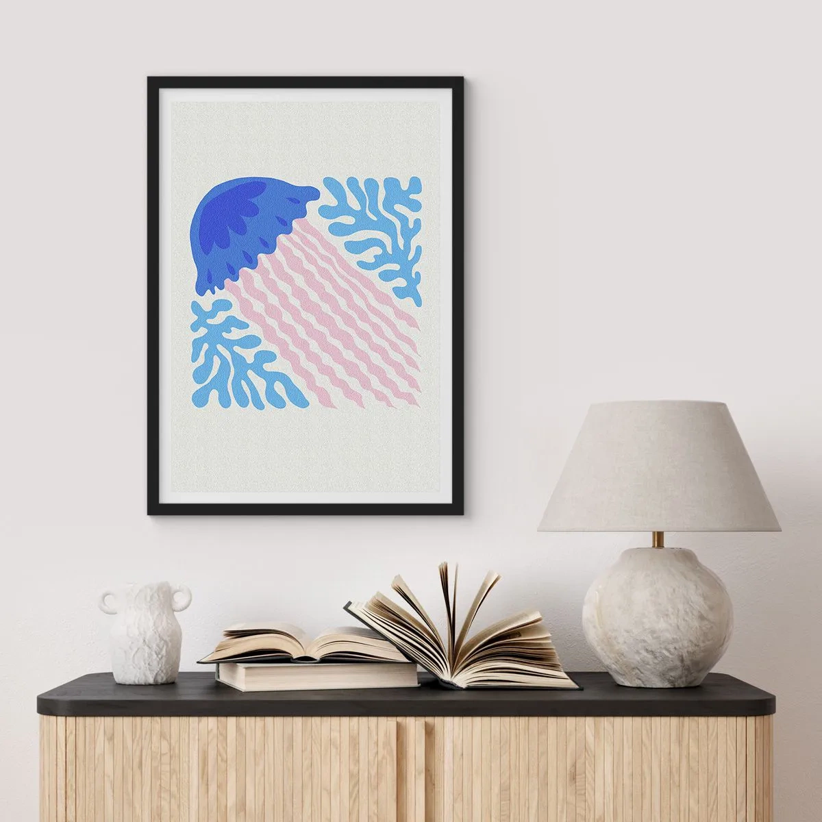 Poster in black frame - Stylized jellyfish surrounded by underwater vegetation - 50x70cm - Like from Another World - Modern wall decoration for the living room and bedroom ARTTOR