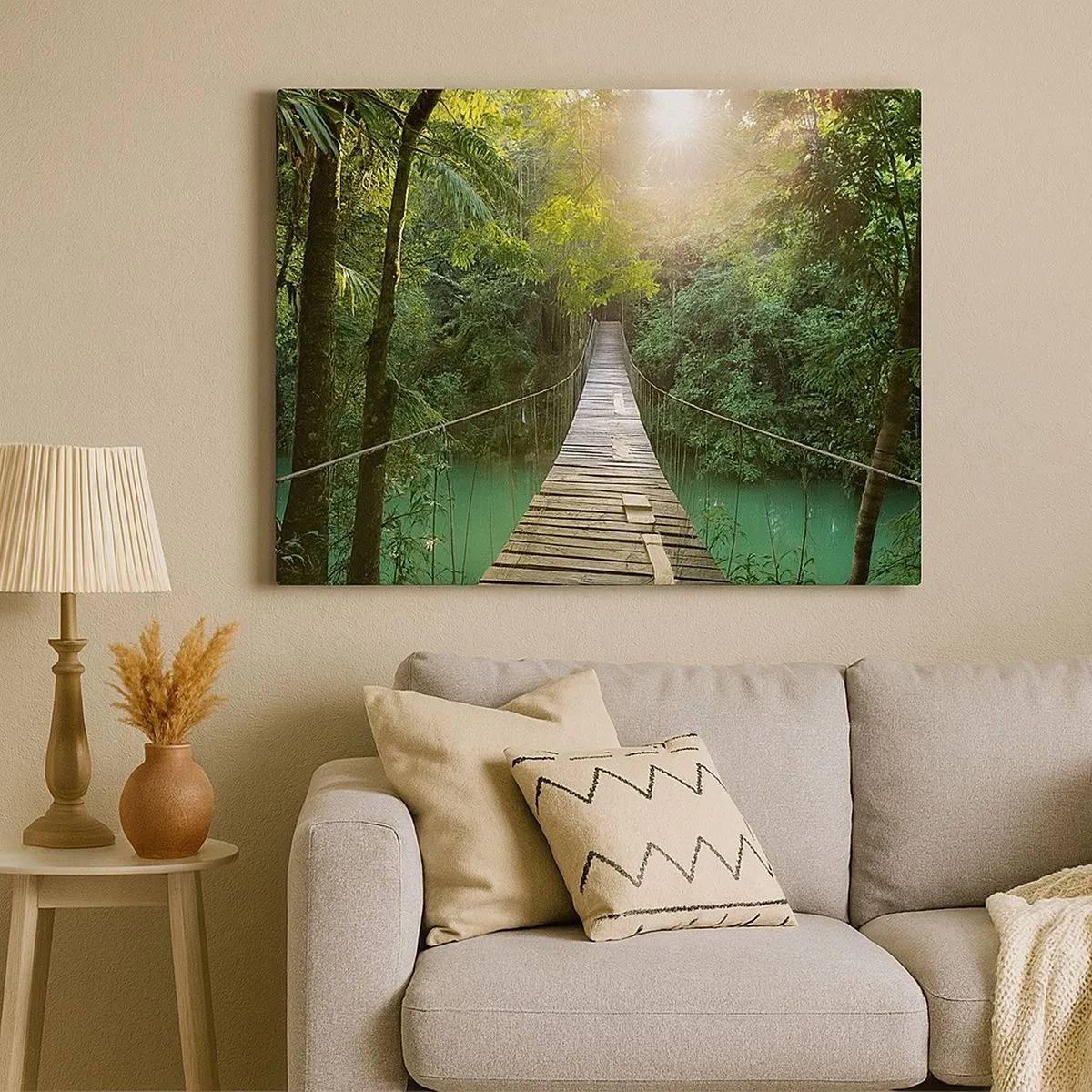 Canvas picture - A hanging bridge in a tropical forest illuminated by sunlight. - 70x50cm - Azure Water in Azure Forest - Modern wall decoration for the living room and bedroom ARTTOR