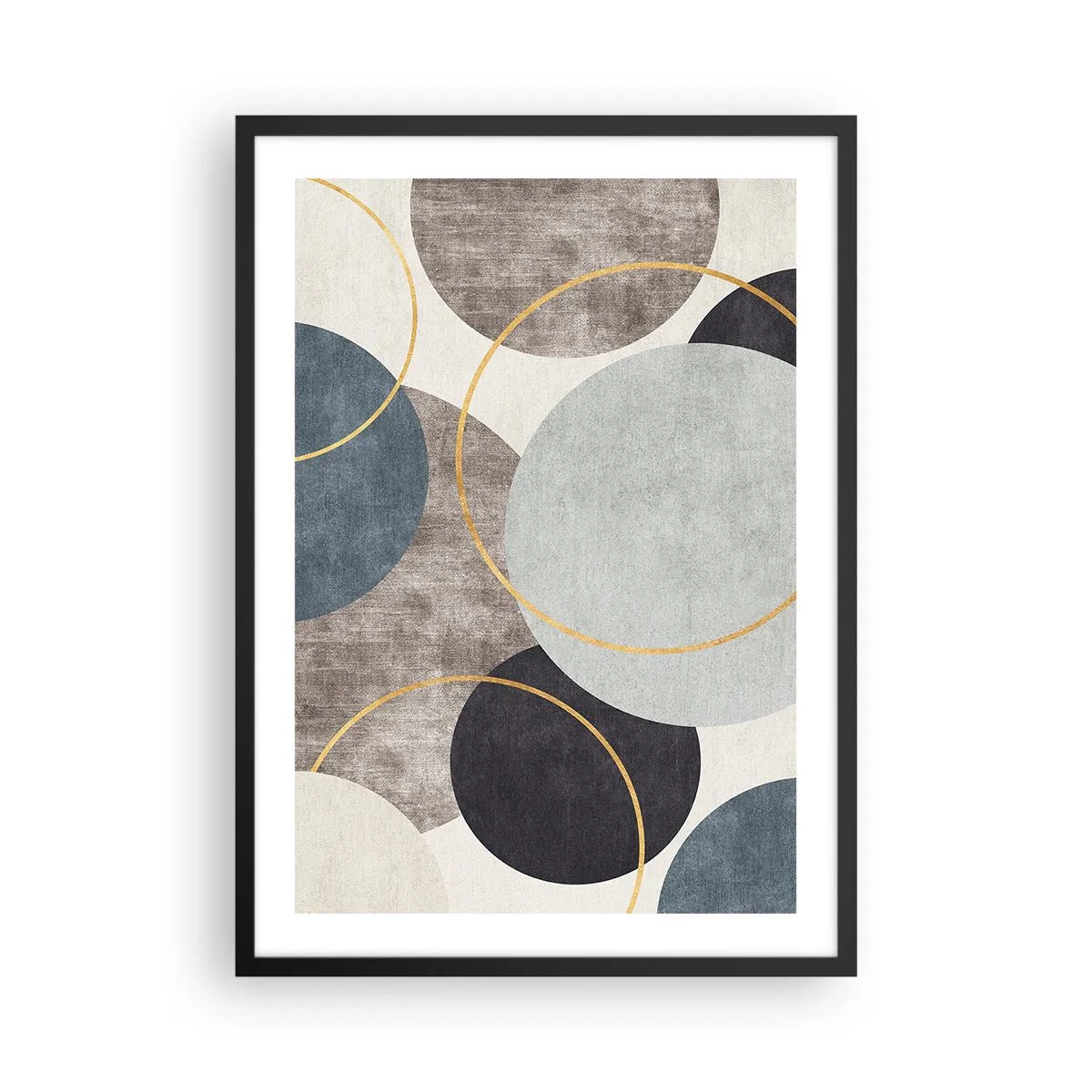 Poster in black frame - Abstract geometric composition with circles in shades of blue. - 50x70cm - Wheel after Wheel - Modern wall decoration for the living room and bedroom ARTTOR