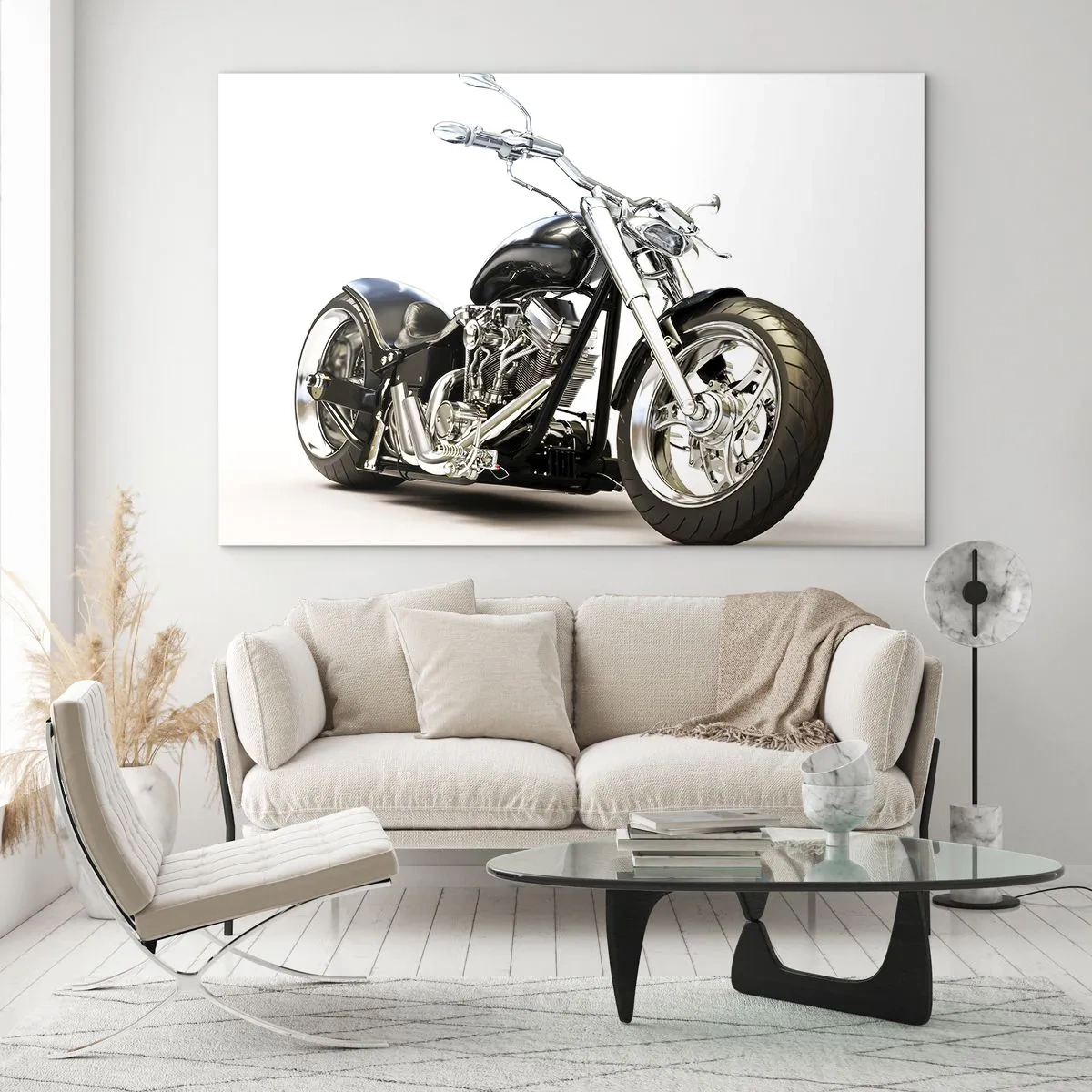 Glass picture - A black chopper motorcycle on a light background - 70x50cm - Power with Character - Modern wall decoration for the living room and bedroom ARTTOR