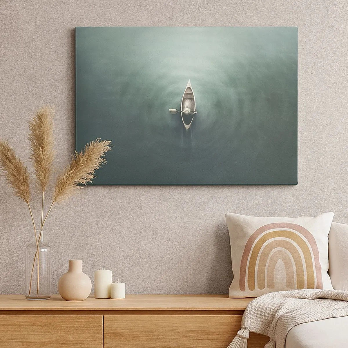 Canvas picture - A lonely boat on calm water in a minimalist setting - 70x50cm - Through Moon Lake - Modern wall decoration for the living room and bedroom ARTTOR