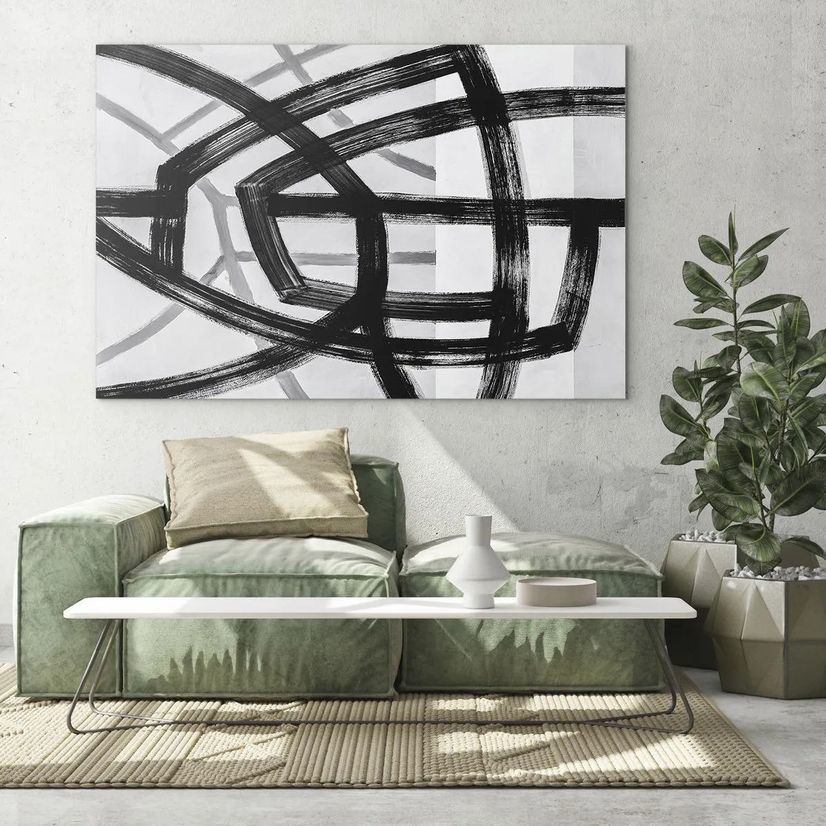 Glass picture - Black and gray brushstrokes create a dynamic network of lines. - 70x50cm - Building Depth - Modern wall decoration for the living room and bedroom ARTTOR