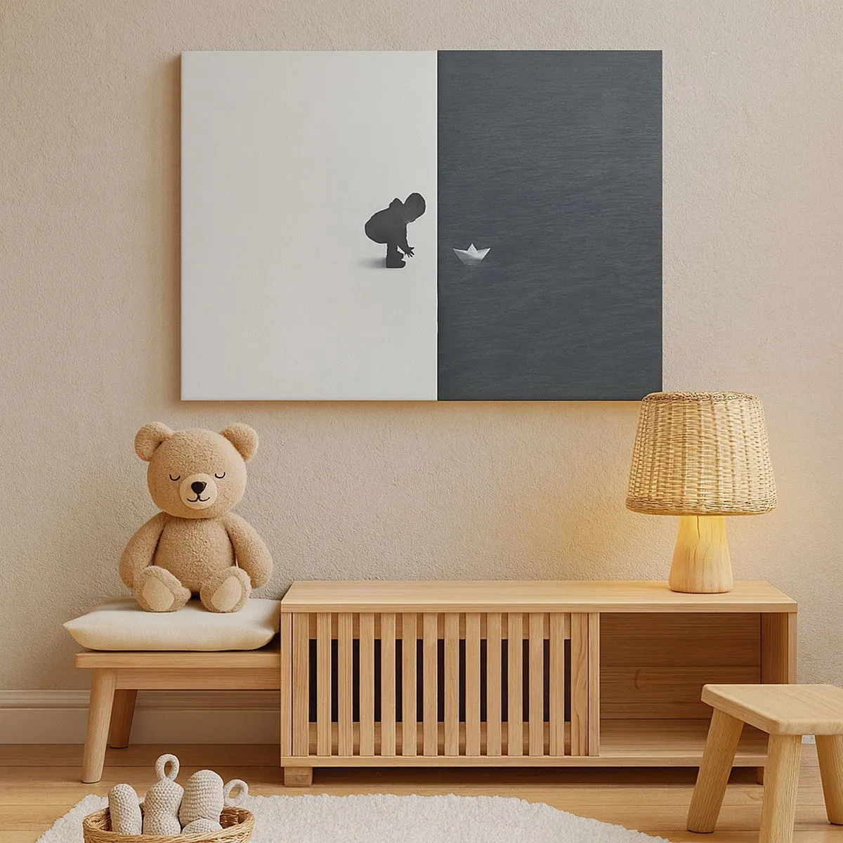 Canvas picture - A child's figure with a paper boat against a background of contrasting halves - 70x50cm - Big Voyage - Modern wall decoration for the living room and bedroom ARTTOR