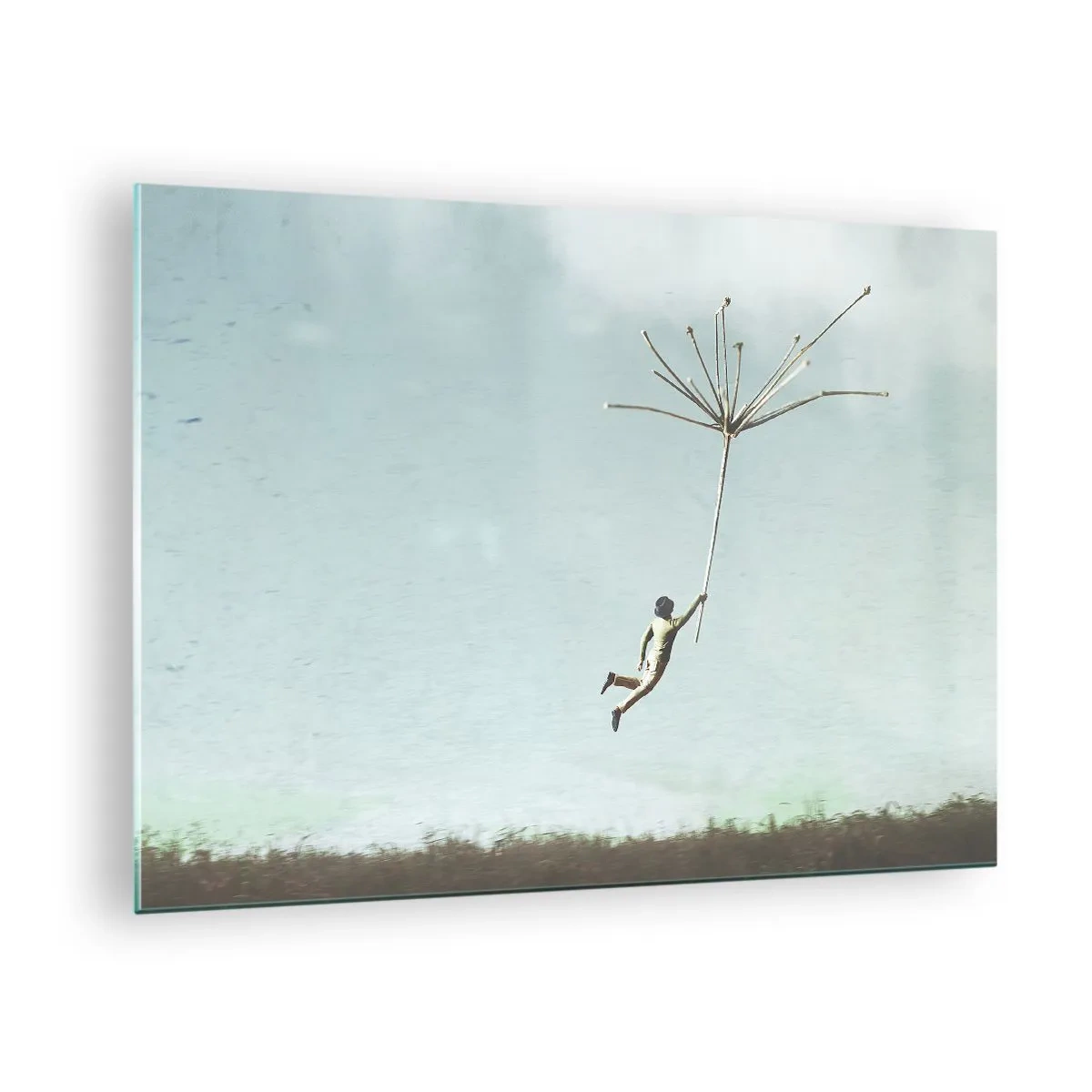 Glass picture - A boy flying with a dandelion seed over a meadow - 70x50cm - Kites, Dandelions, Wind - Modern wall decoration for the living room and bedroom ARTTOR
