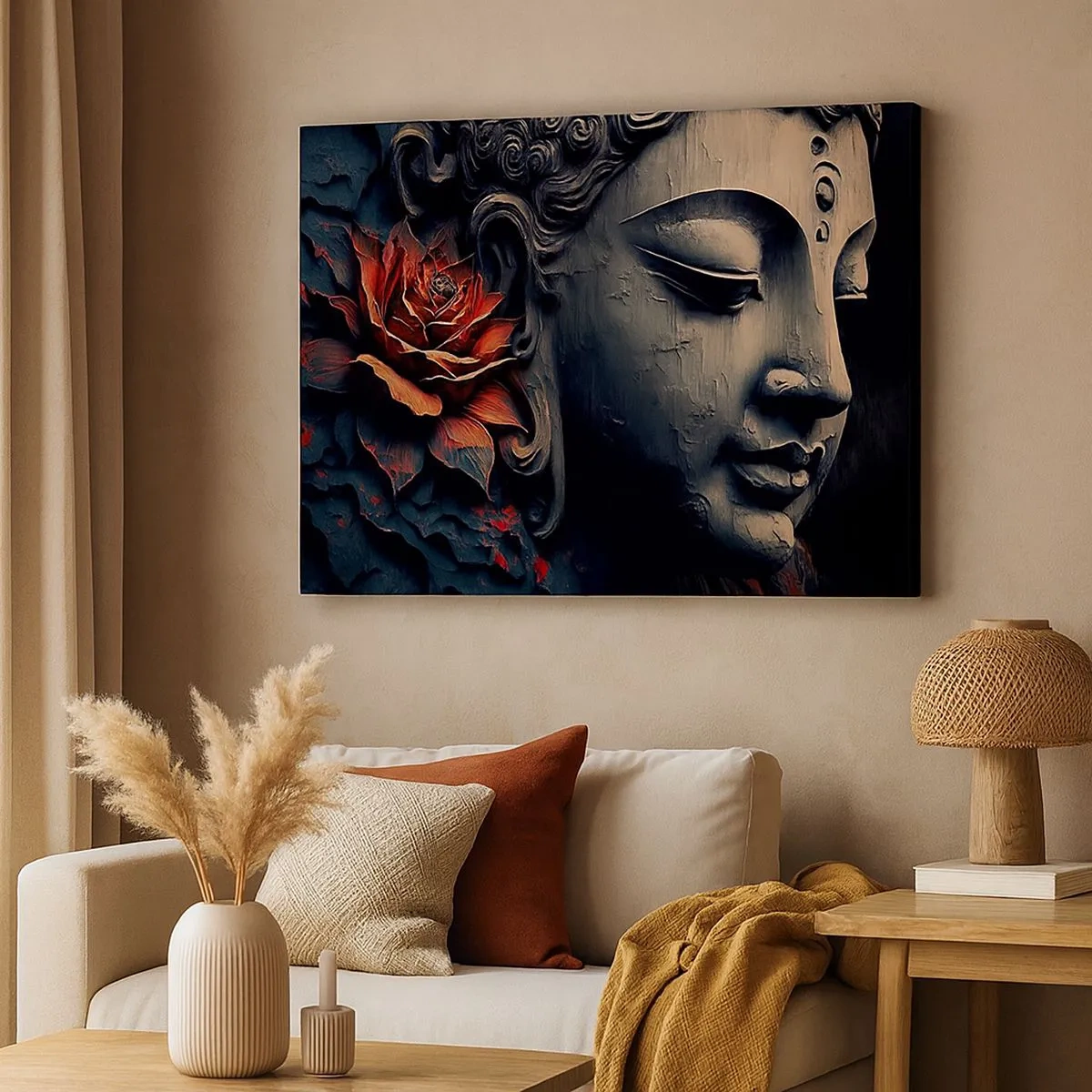 Canvas picture - Buddha sculpture with a red lotus flower - 70x50cm - In Harmony with the World - Modern wall decoration for the living room and bedroom ARTTOR