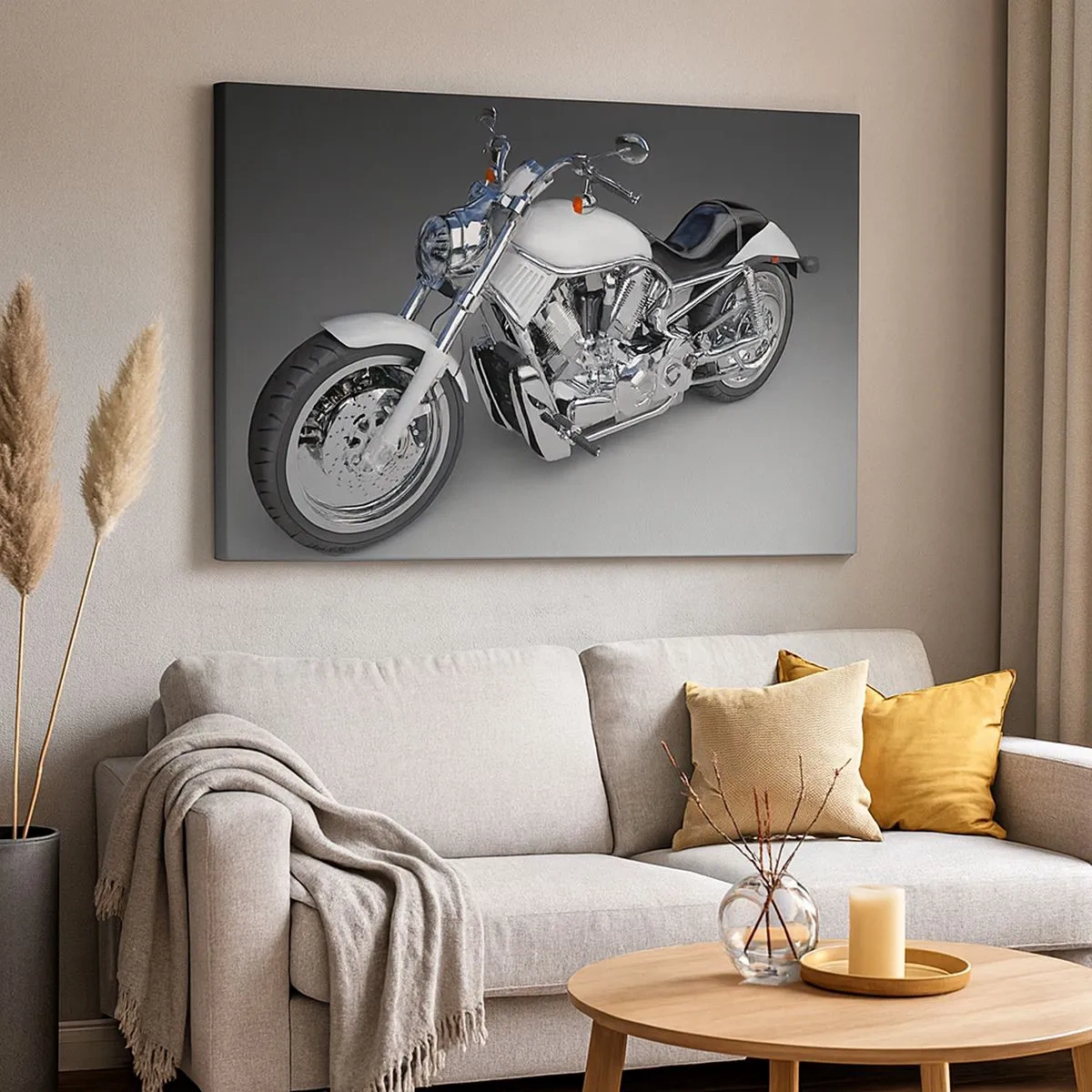 Canvas picture - White cruiser motorcycle on a gray background - 70x50cm - Makes You Want to Kneel - Modern wall decoration for the living room and bedroom ARTTOR