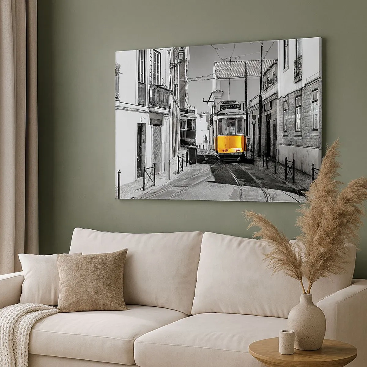 Canvas picture - A yellow tram on the streets of Lisbon in a monochromatic setting - 70x50cm - Spirit of Lisbon - Modern wall decoration for the living room and bedroom ARTTOR