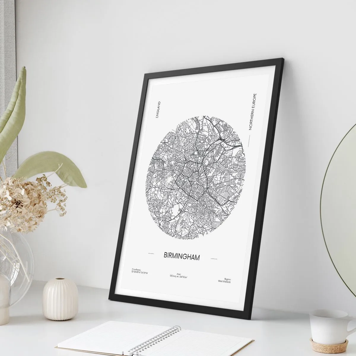 Poster in black frame - A minimalist black and white map of Birmingham - 50x70cm - Anatomy of Birmingham - Modern wall decoration for the living room and bedroom ARTTOR