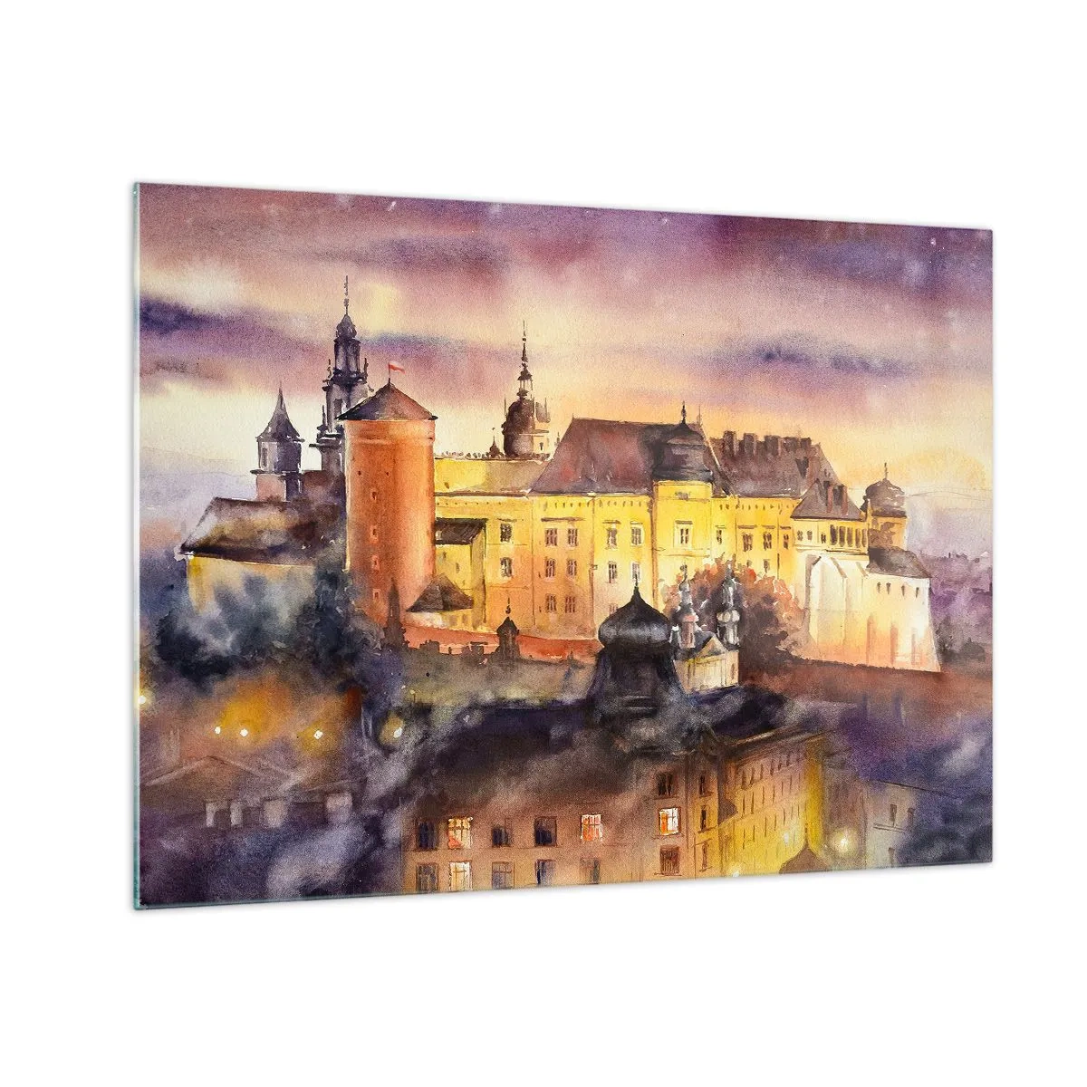 Glass picture - Watercolor illustration of a castle on a hill at sunset - 70x50cm - History and Fairytale - Modern wall decoration for the living room and bedroom ARTTOR