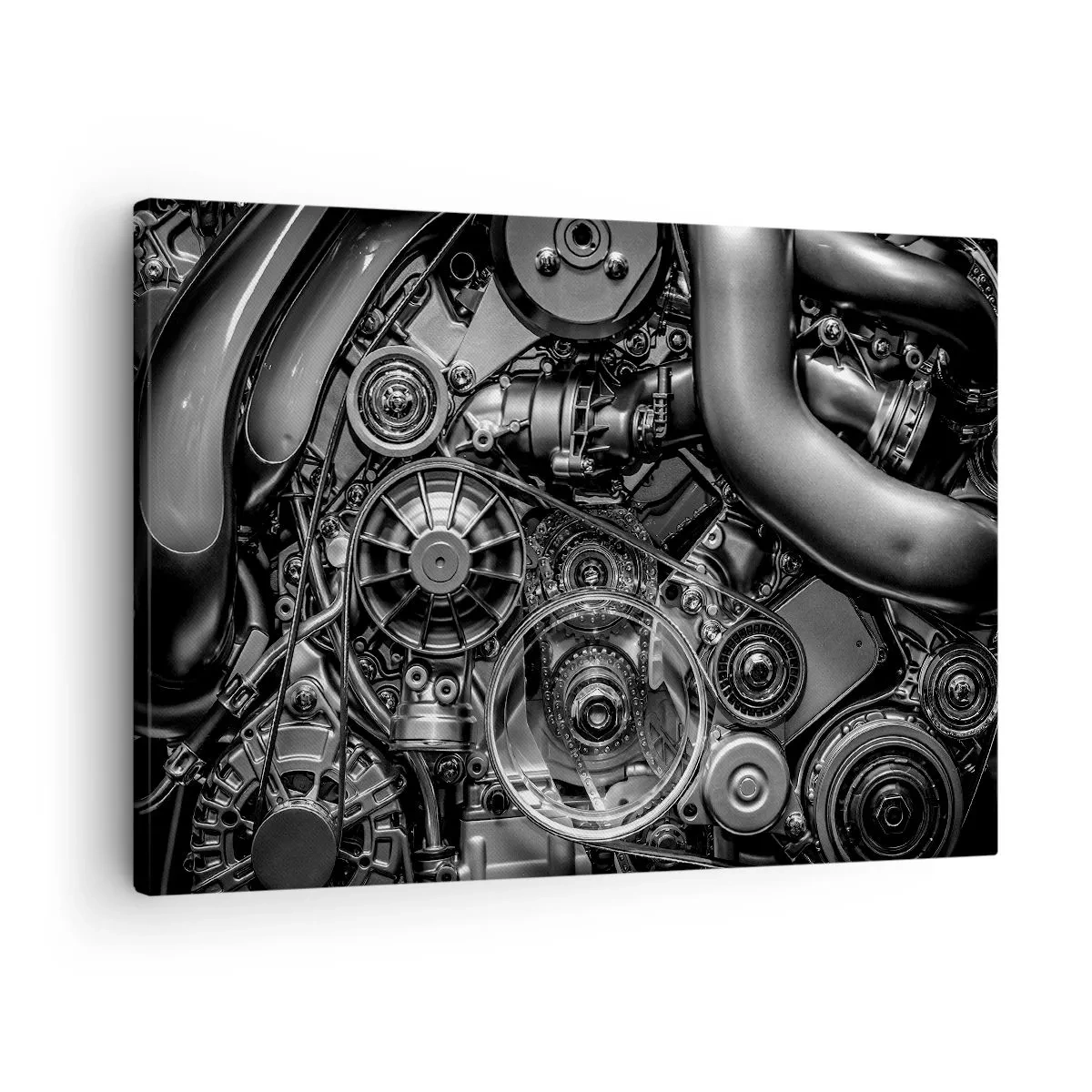 Canvas picture - Black and white close-up of the mechanical details of a car engine. - 70x50cm - Poetry of Mechanics - Modern wall decoration for the living room and bedroom ARTTOR