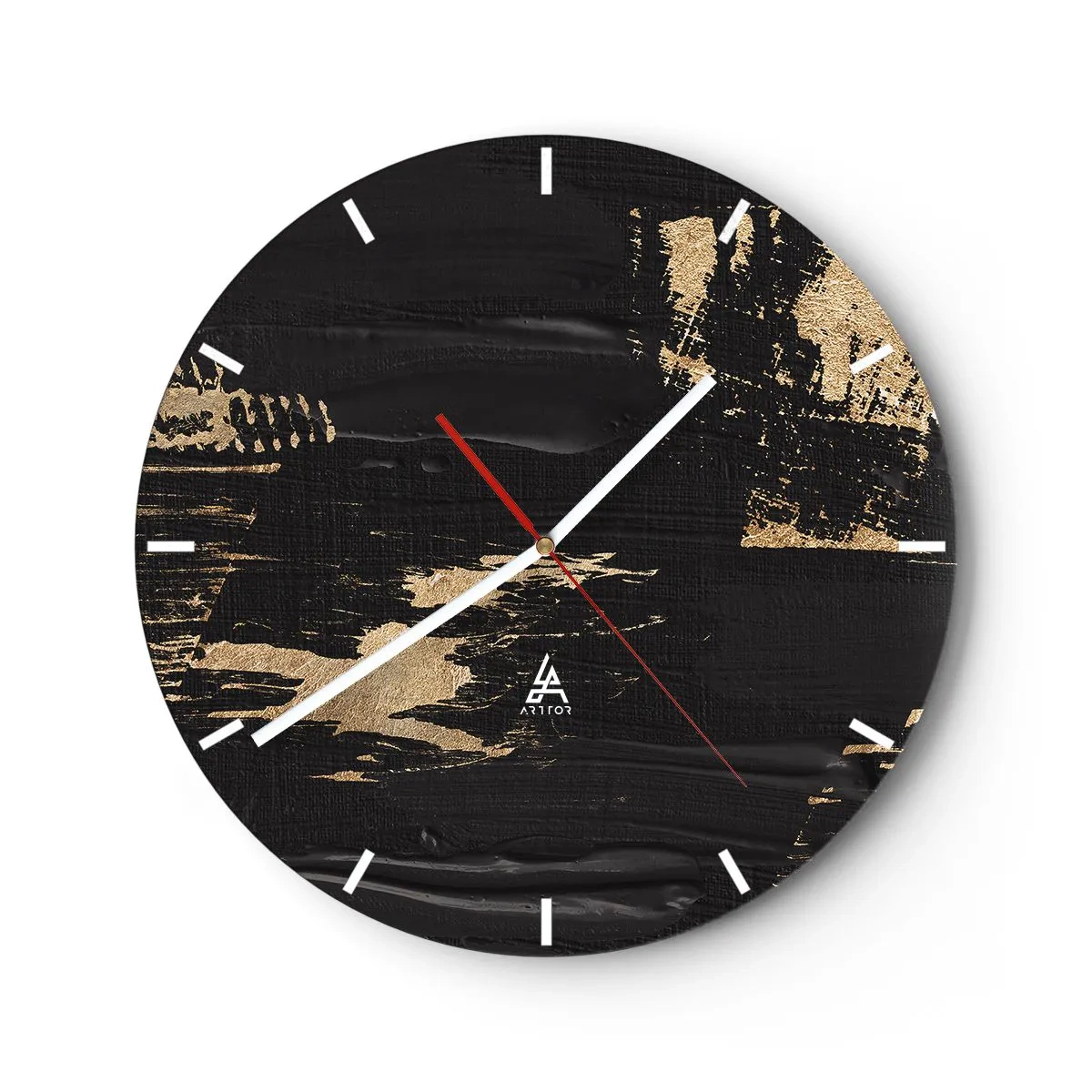 Wall clock - Clock on glass - Black background with dynamic gold paint strokes - 30x30cm - Touch Mark - Modern wall decoration for the living room, kitchen, and bedroom ARTTOR