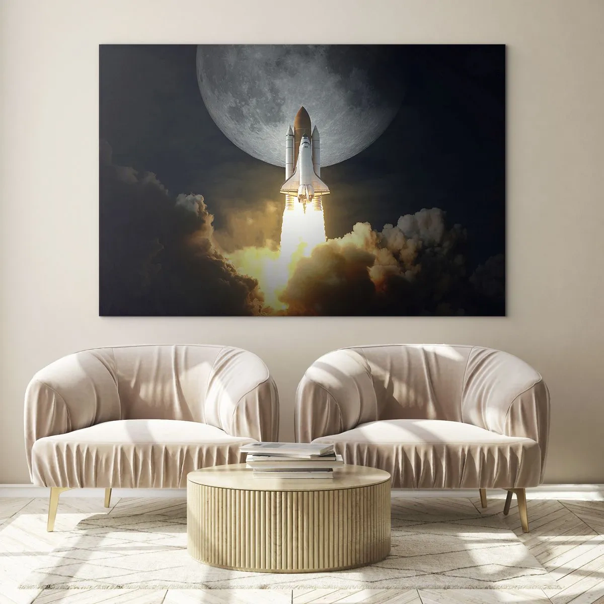 Glass picture - A space rocket launch against the backdrop of the moon and night sky. - 70x50cm - Beginning of Unearthly Adventure - Modern wall decoration for the living room and bedroom ARTTOR