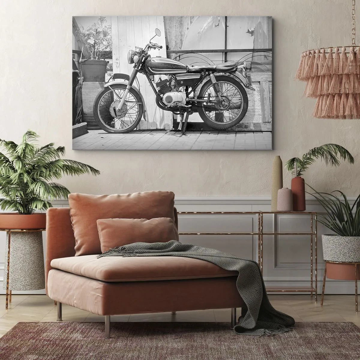 Canvas picture - Black and white photo of a classic motorcycle - 70x50cm - Classics above All - Modern wall decoration for the living room and bedroom ARTTOR